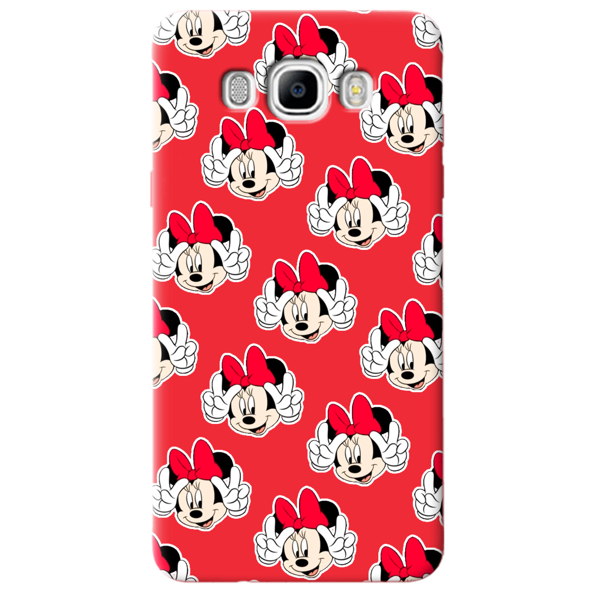 Чехол для Samsung Galaxy J7 2016 ярко-красный матовый soft touch Minnie Mouse - фото 1