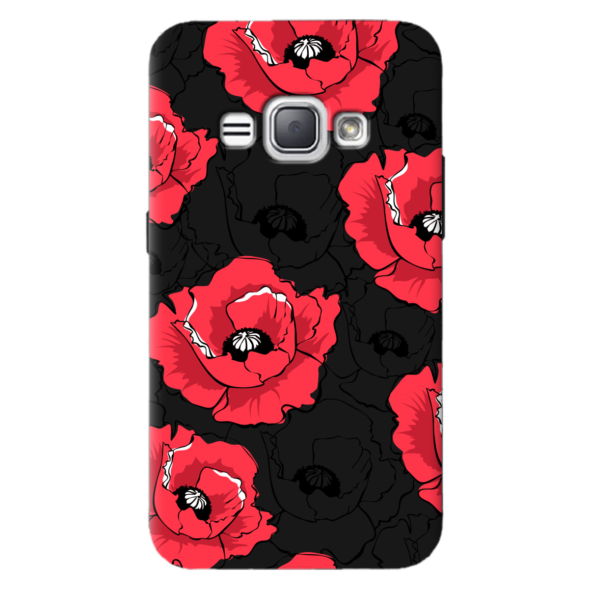 Чохол для Samsung Galaxy J1 2016 чорний матовий soft touch Red poppy - фото 1