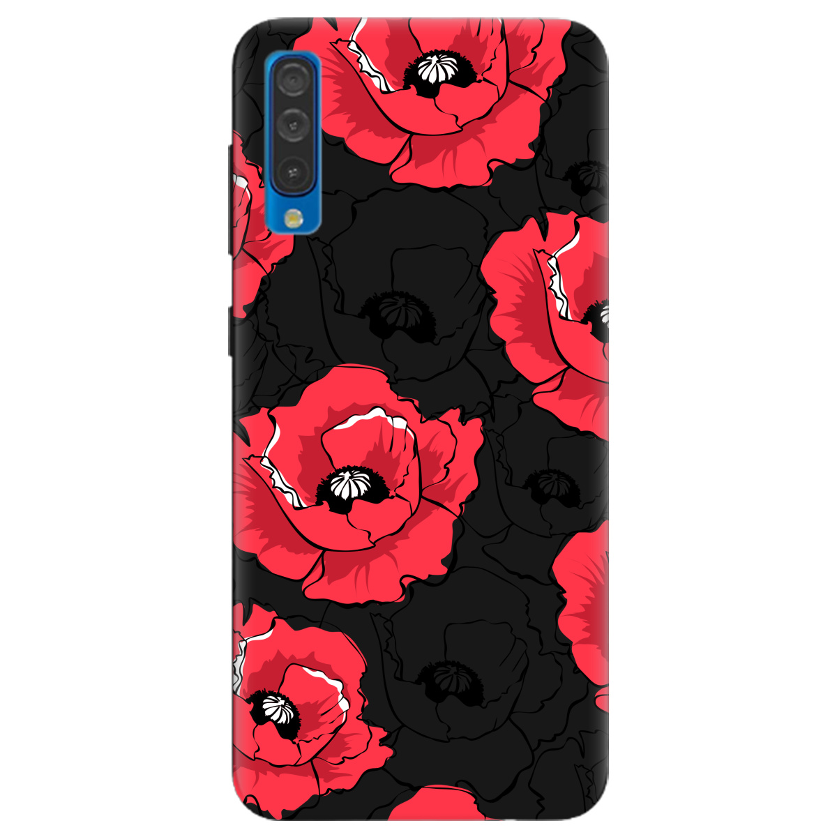 Чехол для Samsung Galaxy A50s черный матовый soft touch Red poppy - фото 1