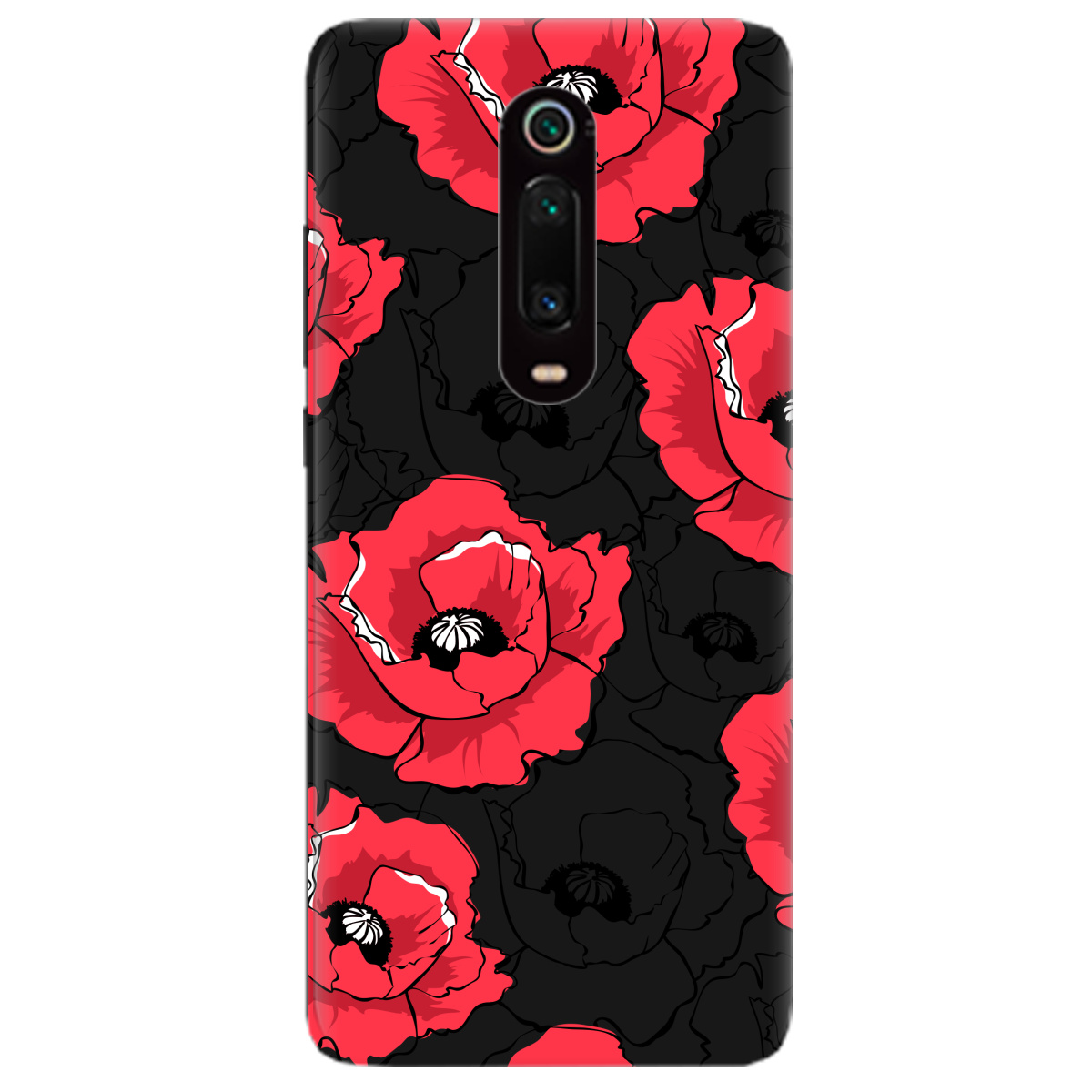 Чехол для Xiaomi Mi 9T черный матовый soft touch Red poppy - фото 1