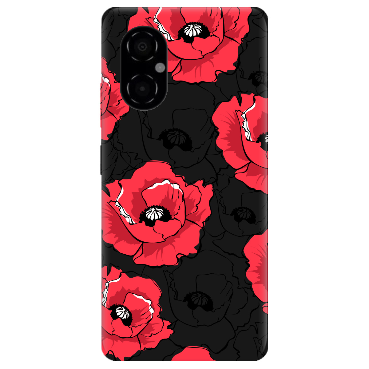 Чехол для Xiaomi Poco M4 5G черный матовый soft touch Red poppy - фото 1