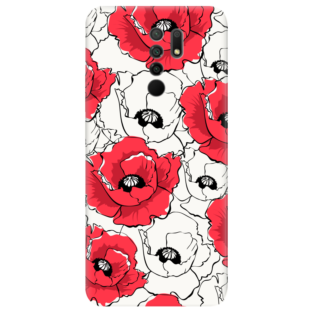 Чехол для Xiaomi Redmi 9 белый матовый soft touch Red poppy - фото 1