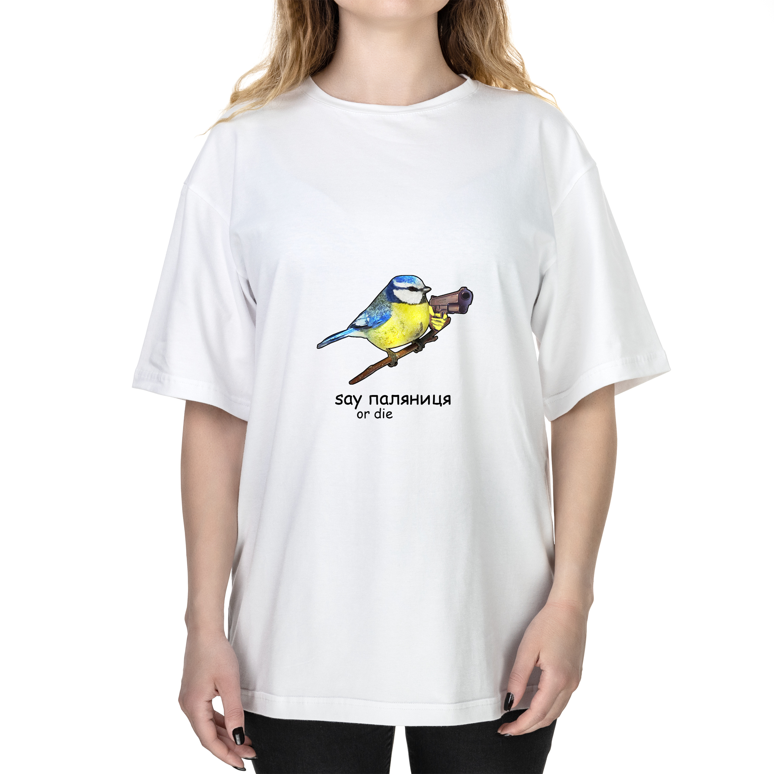 Футболка жіноча оверсайз біла бавовна/еластан А3 розміру Say ПАЛЯНИЦЯ or Die M - фото 1