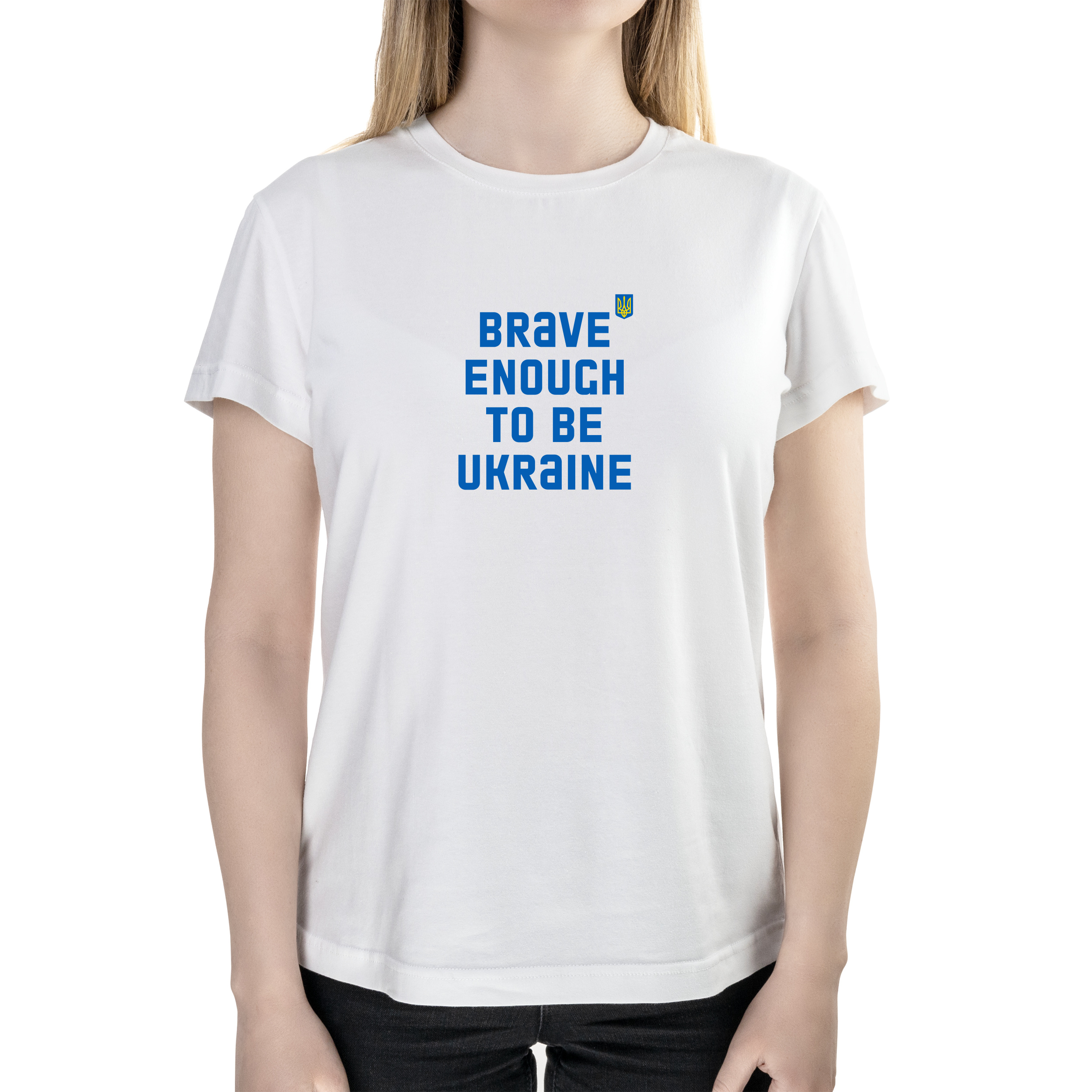 Футболка женская полуприталённая белая хлопок/эластан А4 размера Brave enough to be Ukraine XL - фото 1