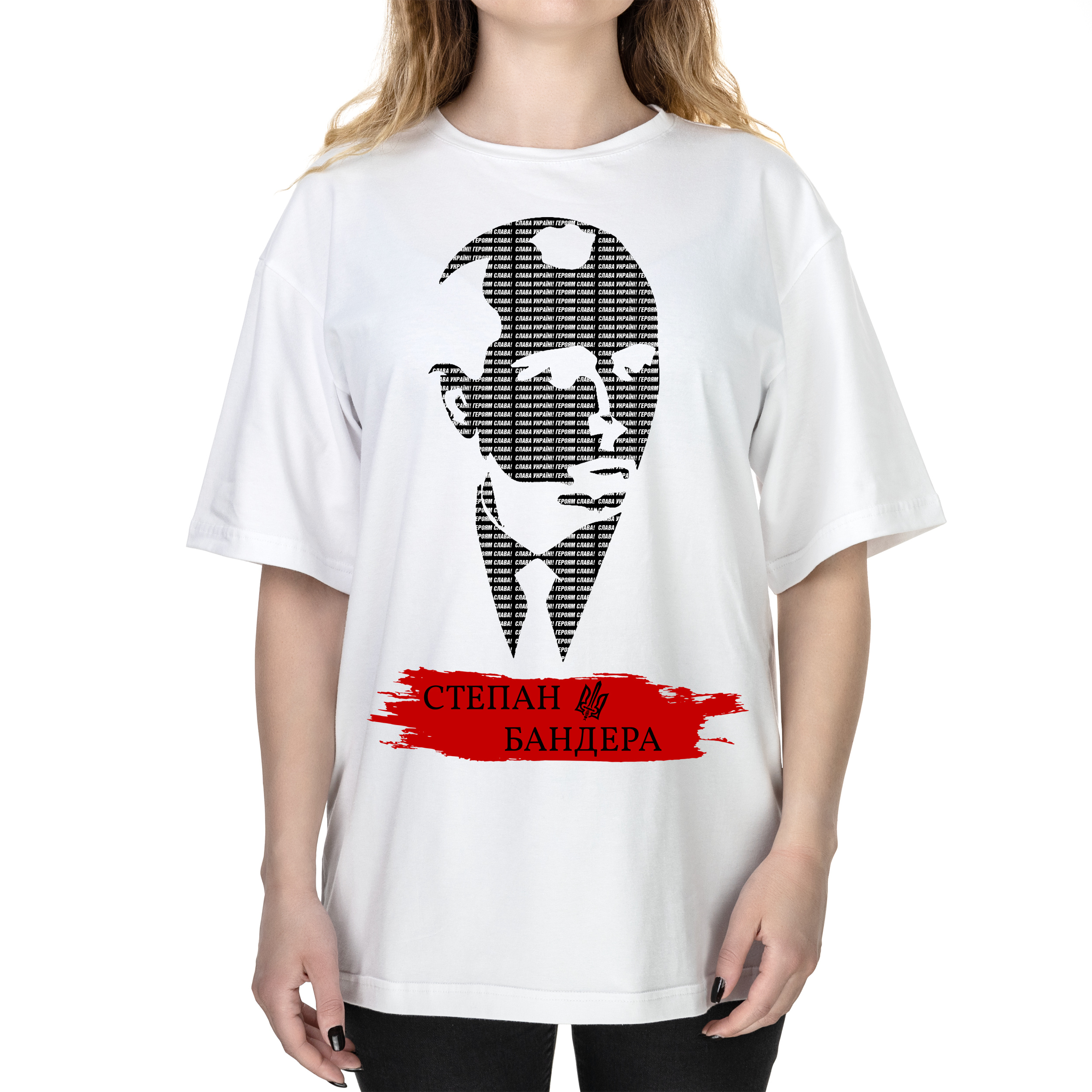 Футболка жіноча оверсайз біла бавовна/еластан А3 розміру Степан Бандера L - фото 1