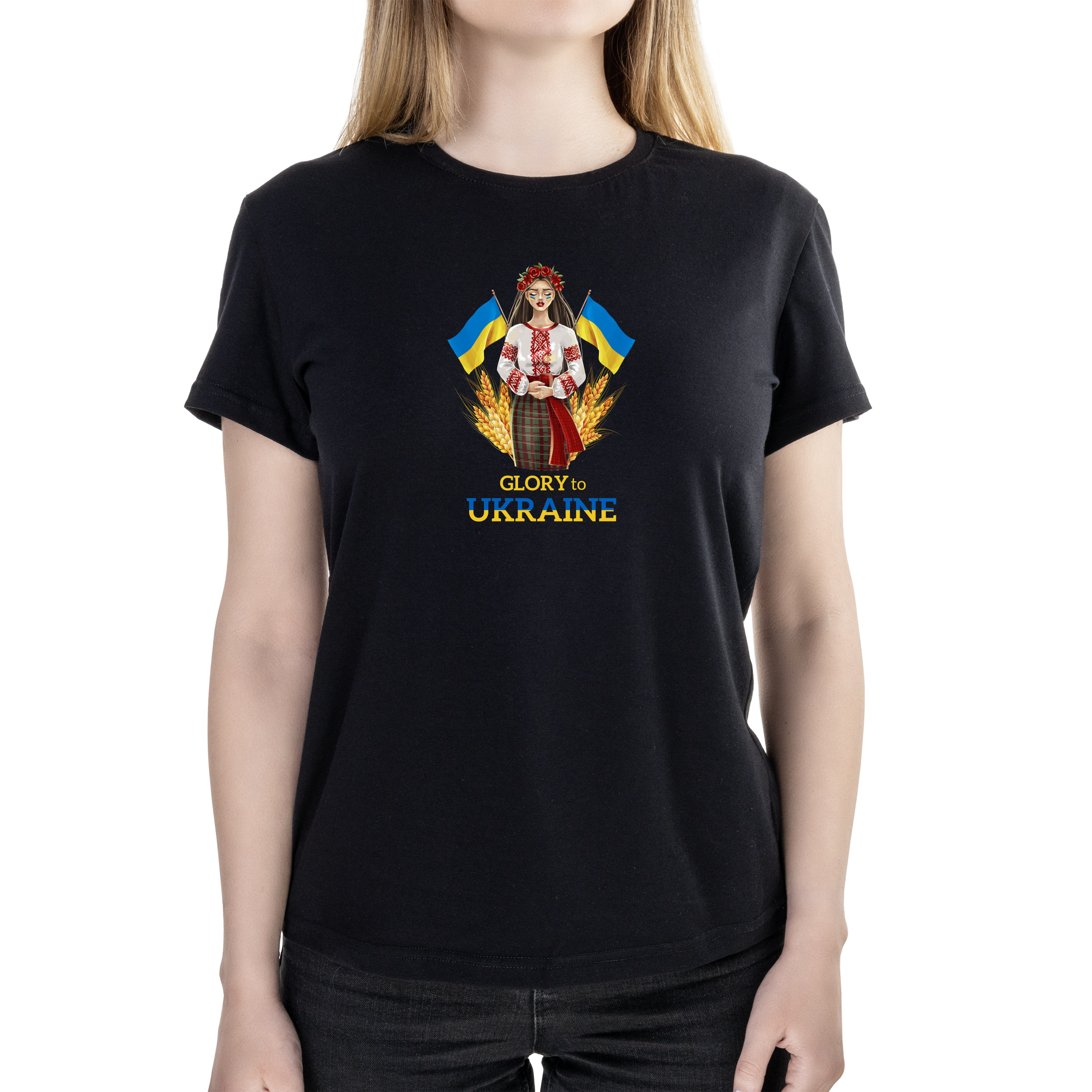 Футболка женская полуприталённая черная хлопок/эластан А4 размера Glory to Ukraine XS - фото 1