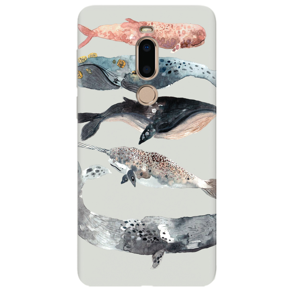 Чехол для Meizu M8 полупрозрачный матовый soft touch Whales white - фото 1