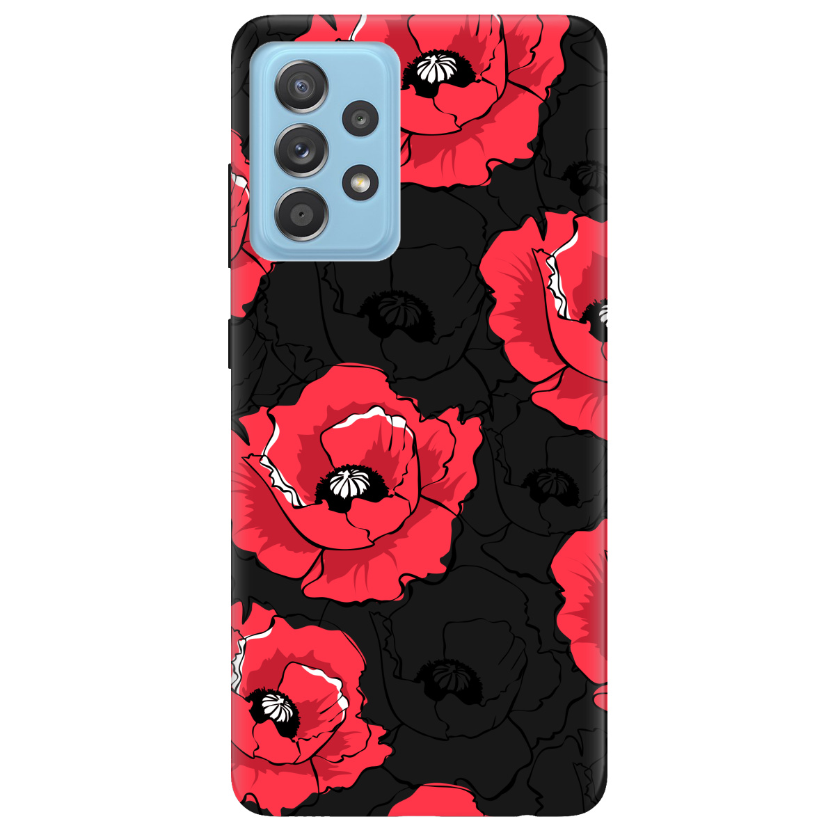 Чехол для Samsung Galaxy A52s черный матовый soft touch Red poppy - фото 1