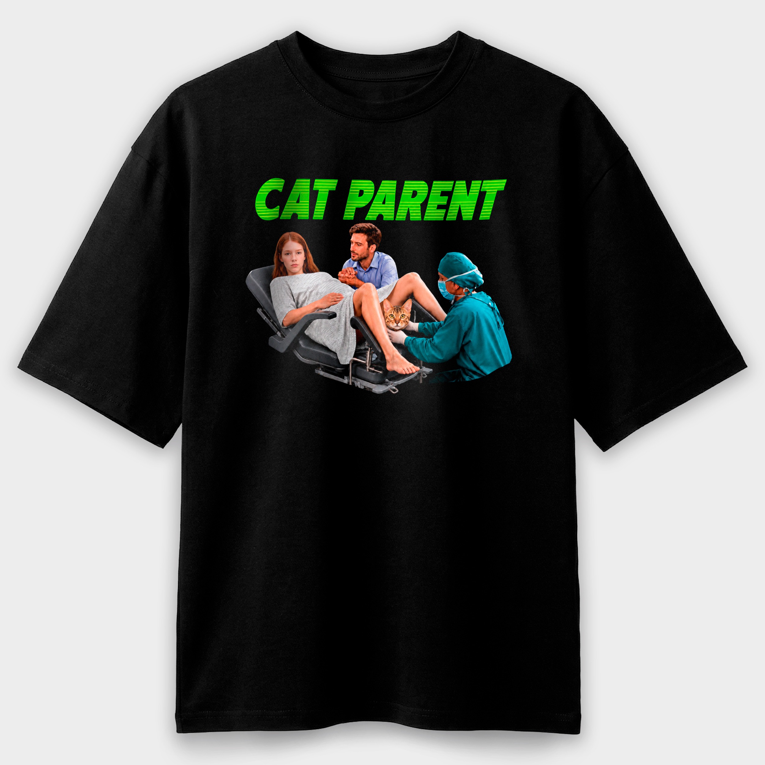 Футболка женская черная Premium Oversize хлопок CAT PARENT (с вашим лицом и питомцем) M-L - фото 1 - Футболки