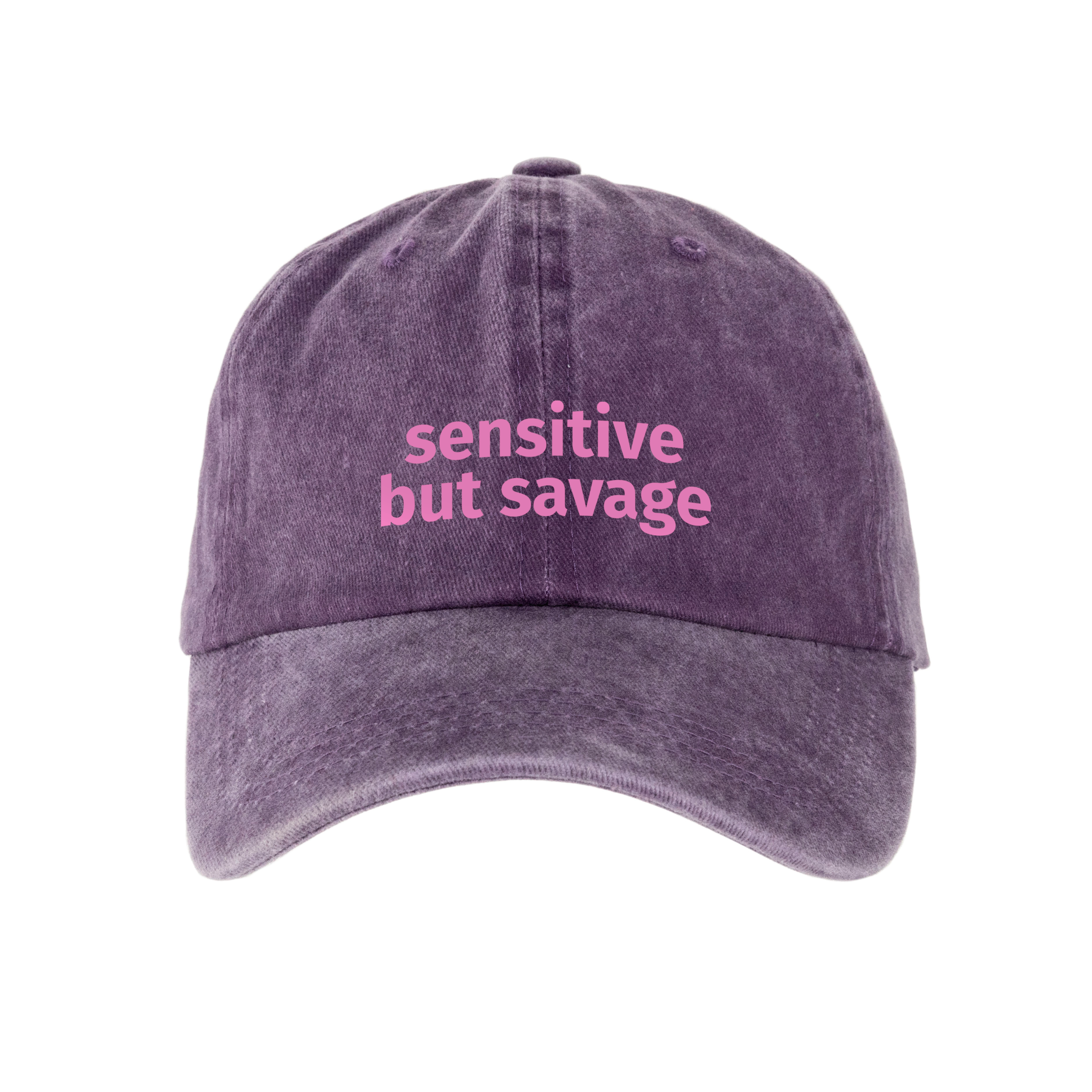 Кепка шестиклинка хлопок Vintage потертая пурпурная Sensitive but savage - фото 1 - Кепки, панамы