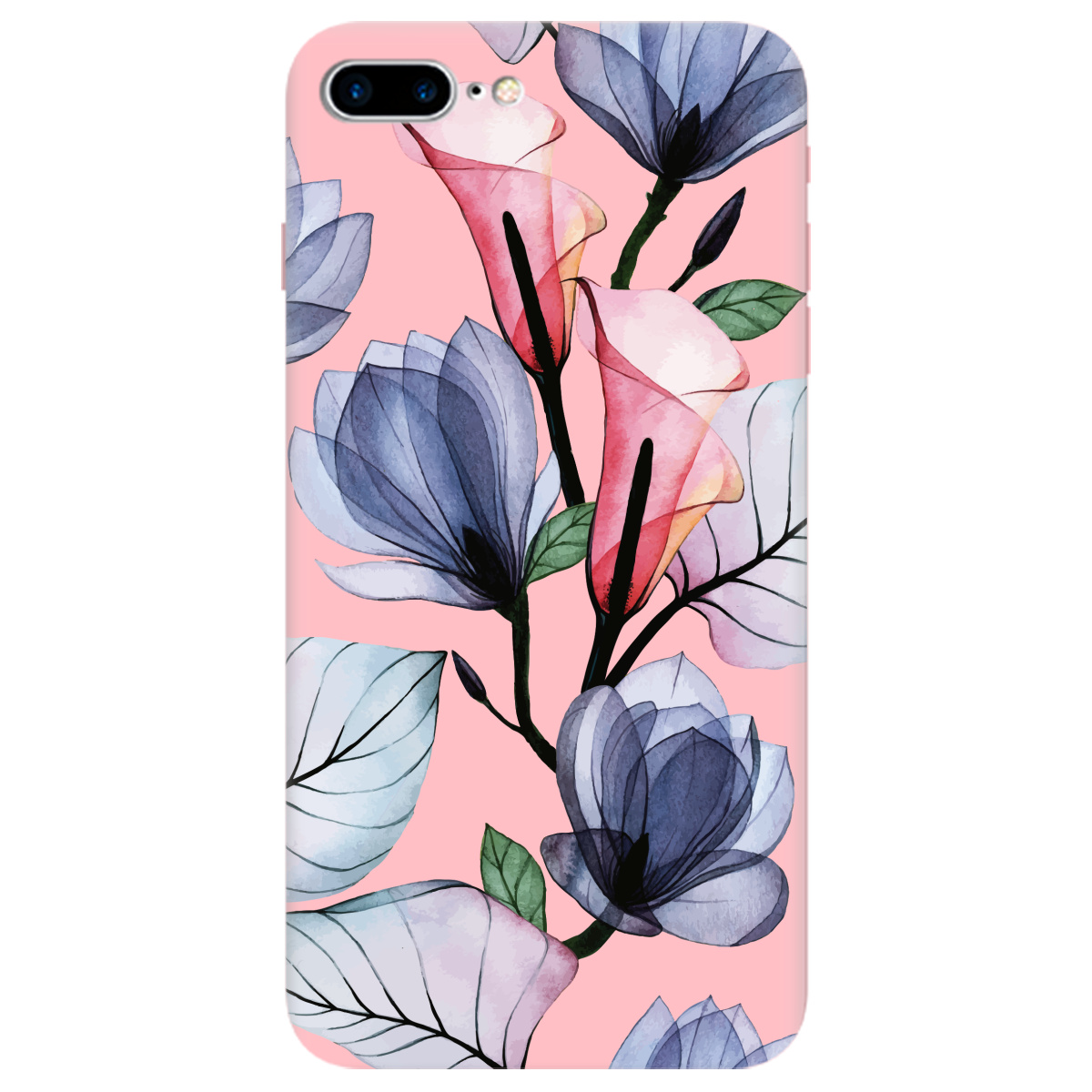 Чехол для Apple iPhone 7 Plus нежно-розовый матовый soft touch Tropical flowers - фото 1 - Чехлы для телефонов