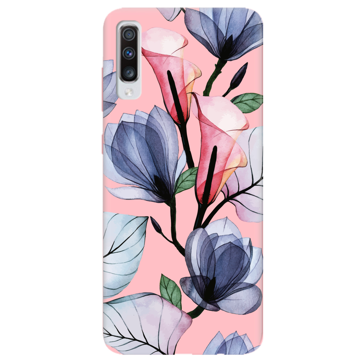Чехол для Samsung Galaxy A70 нежно-розовый матовый soft touch Tropical flowers - фото 1 - Чехлы для телефонов