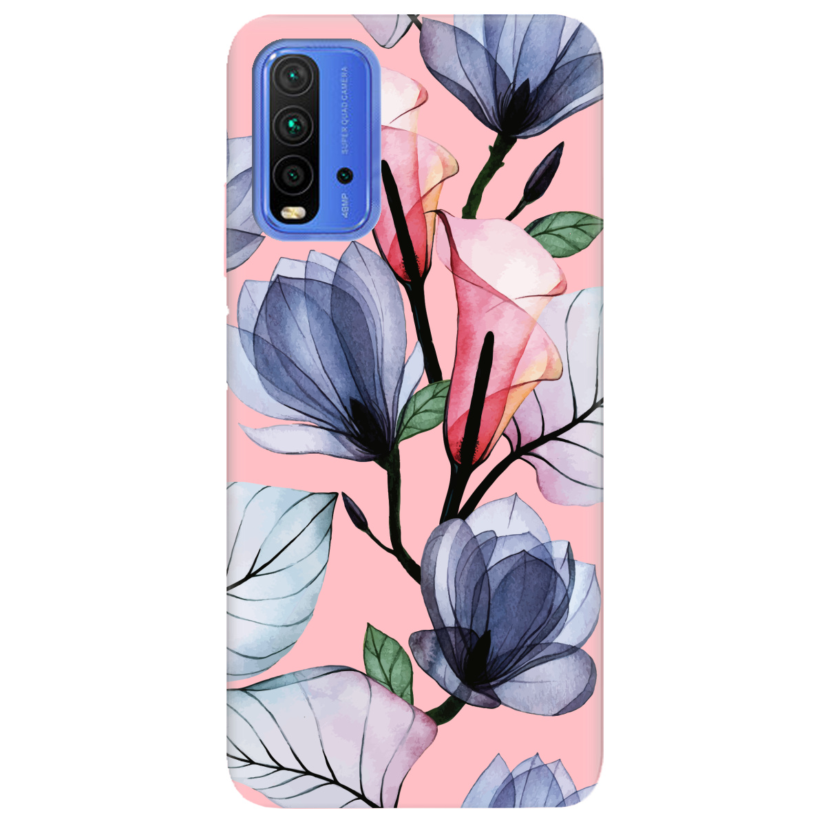 Чехол для Xiaomi Redmi 9T нежно-розовый матовый soft touch Tropical flowers - фото 1 - Чехлы для телефонов