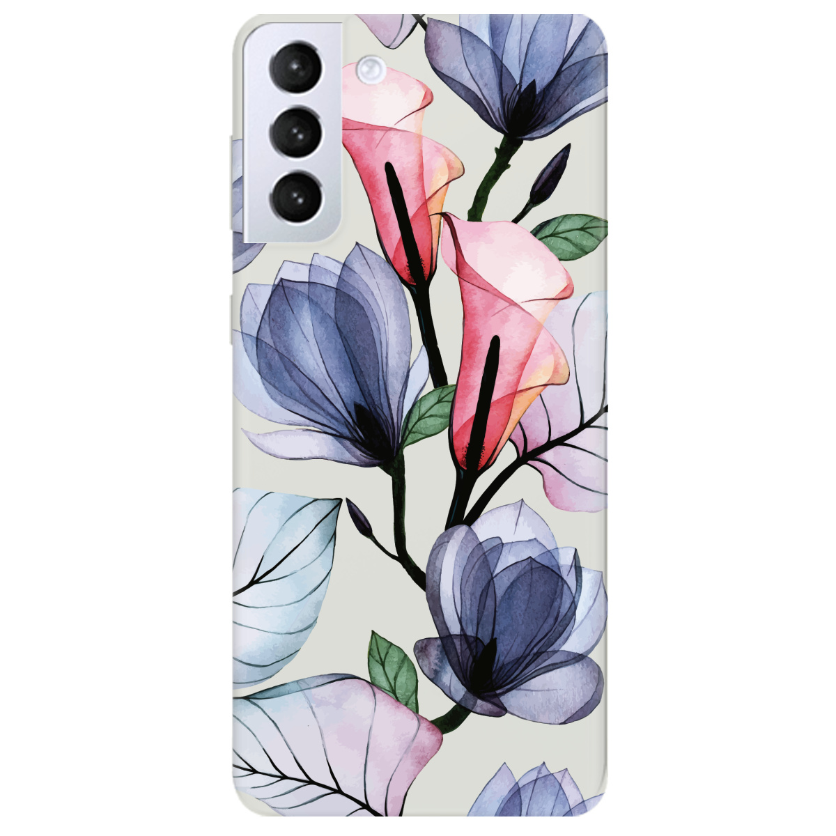 Чехол для Samsung Galaxy S21 полупрозрачный матовый soft touch Tropical flowers - фото 1 - Чехлы для телефонов