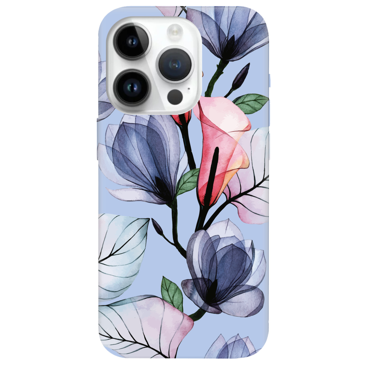 Чохол для Apple iPhone 14 Pro ніжно-блакитний матовий soft touch Tropical flowers - фото 1 - Чохли для телефонів