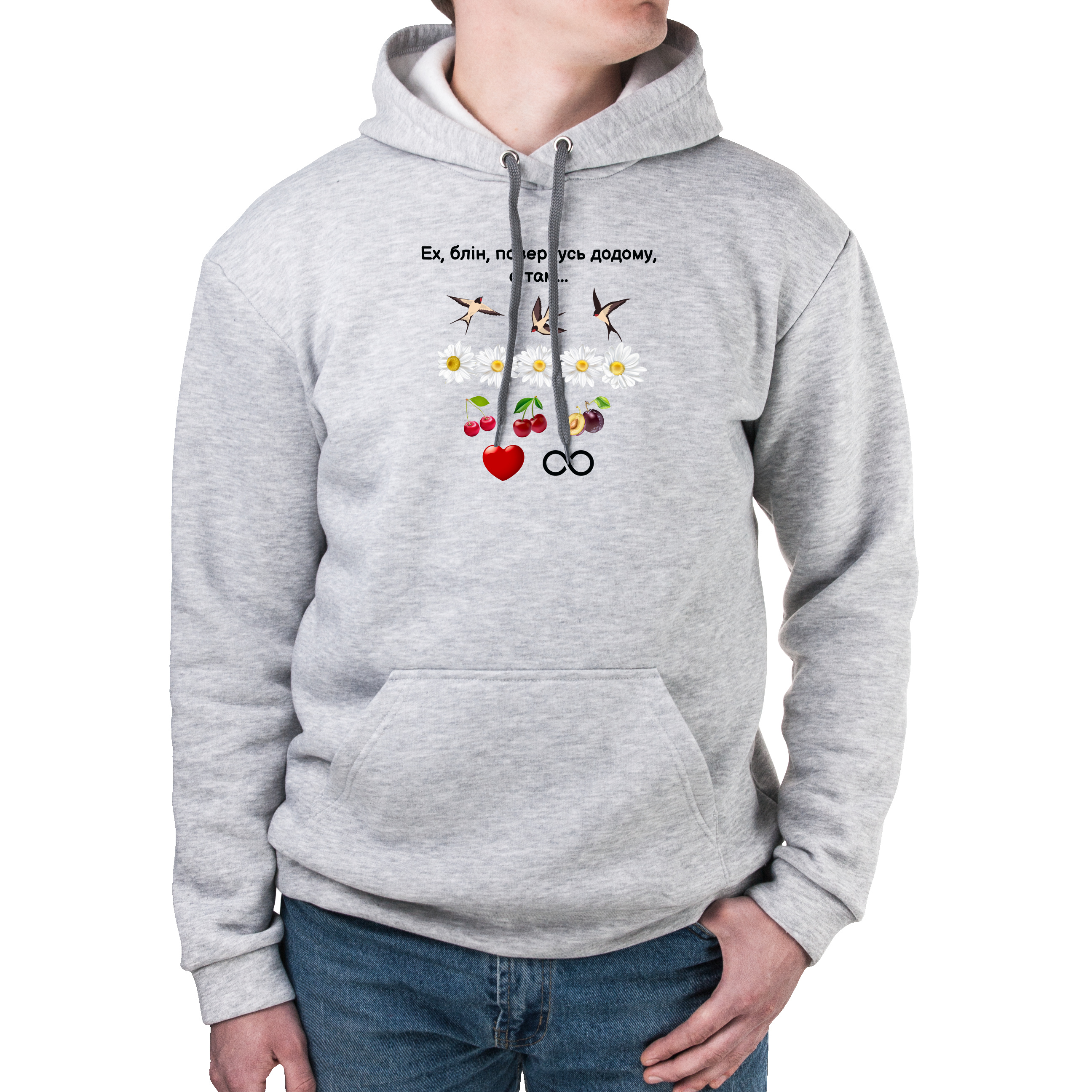 Худі з кишенею унісекс тринитка з начісом сірий Ластівки, ластівки, ластівки S - фото 1 - Худі, світшоти
