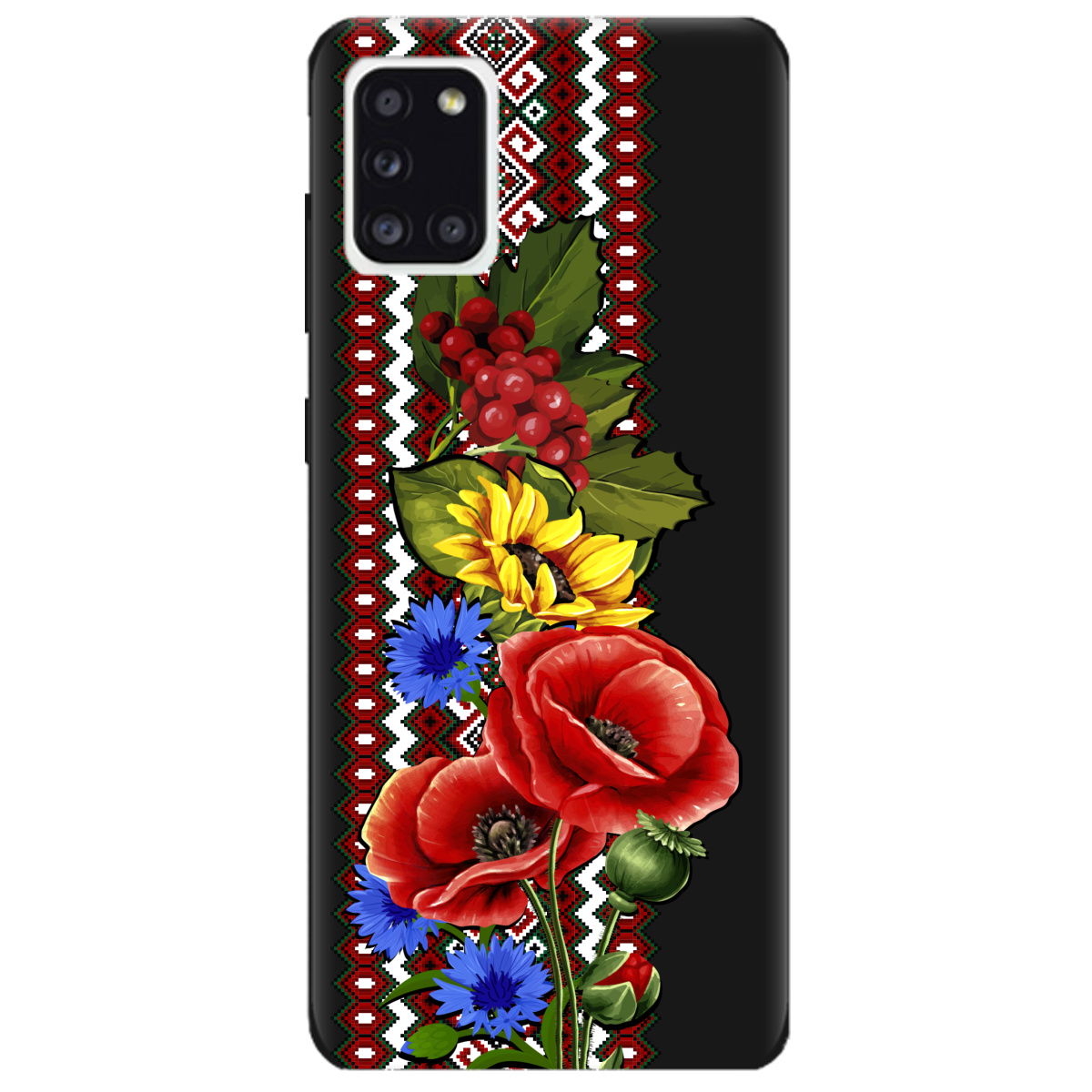 Чехол для Samsung Galaxy A31 черный матовый soft touch Ukraine ornament - фото 1 - Чехлы для телефонов