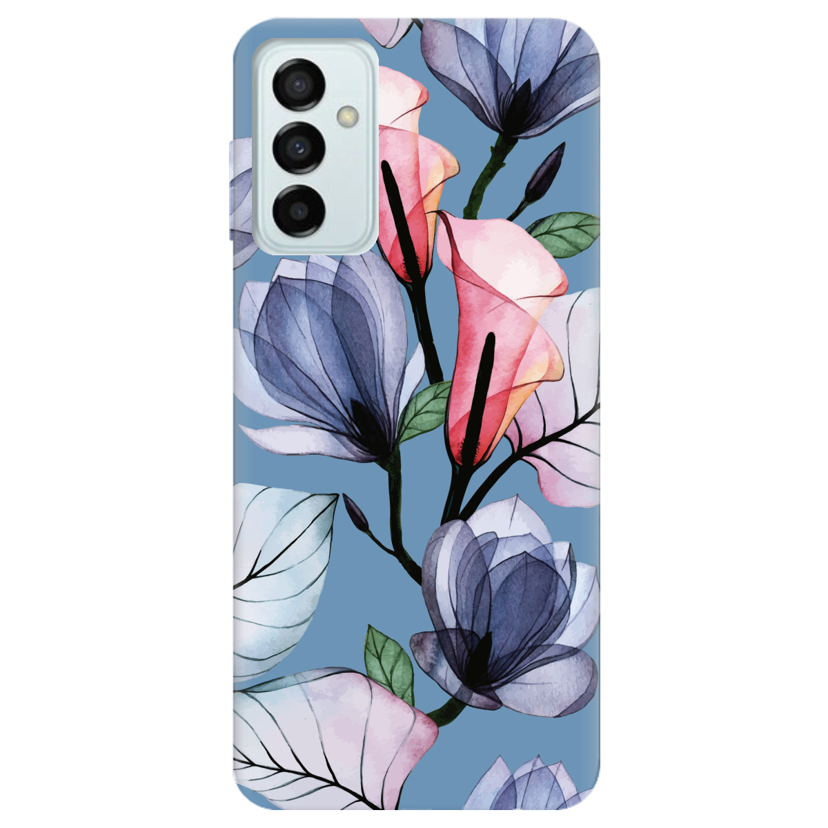 Чехол для Samsung Galaxy M23 5G серо-голубой матовый soft touch Tropical flowers - фото 1 - Чехлы для телефонов