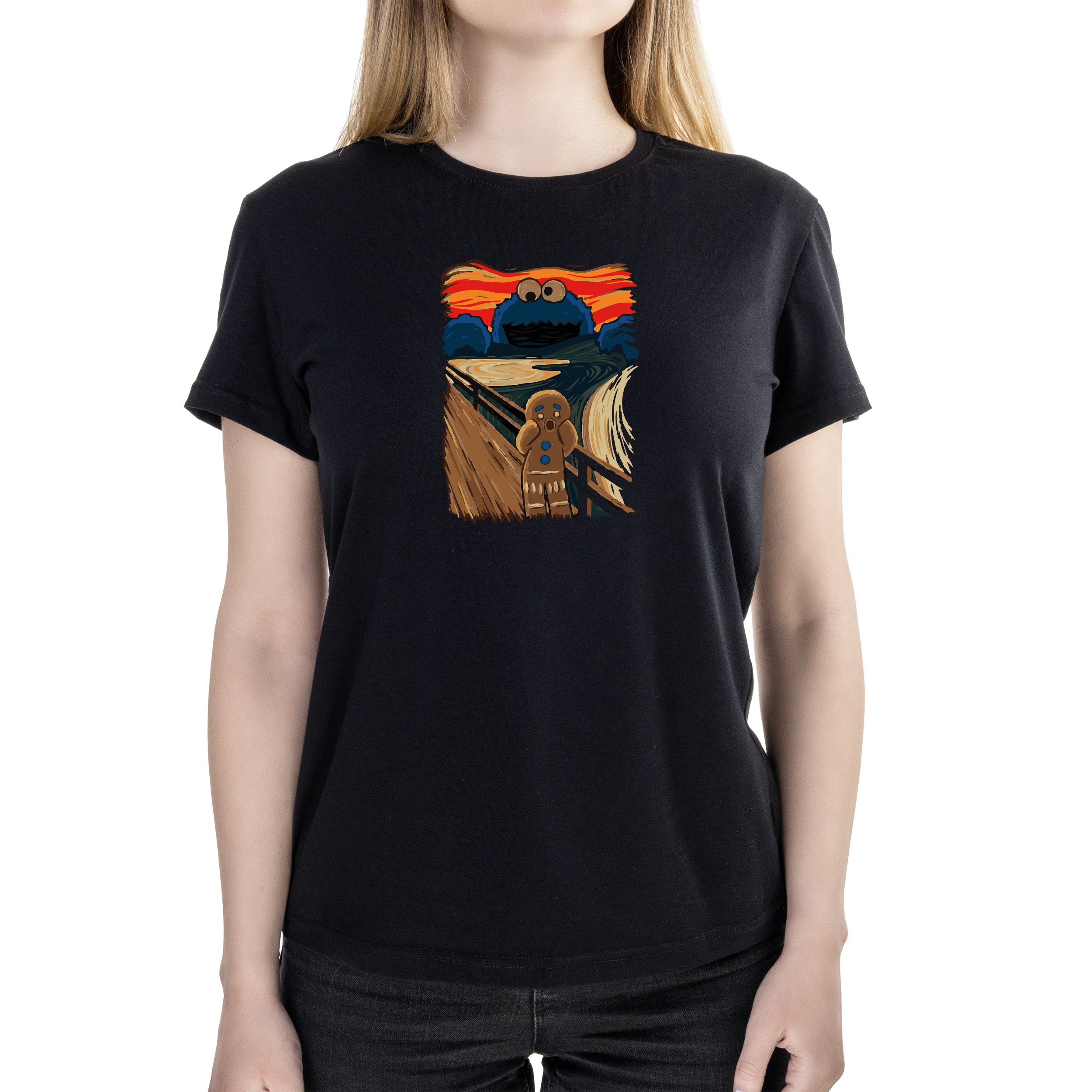 Футболка жіноча напівприталена чорна бавовна / еластан А4 розміру Funky cookie XL - фото 1 - Футболки