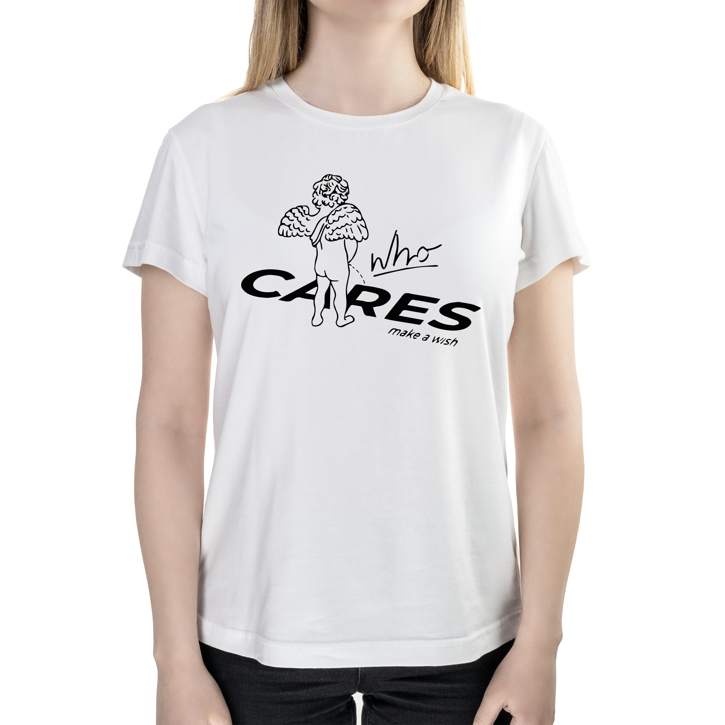 Футболка жіноча напівприталена біла бавовна/еластан А4 розміру Who cares angel XS - фото 1 - Футболки