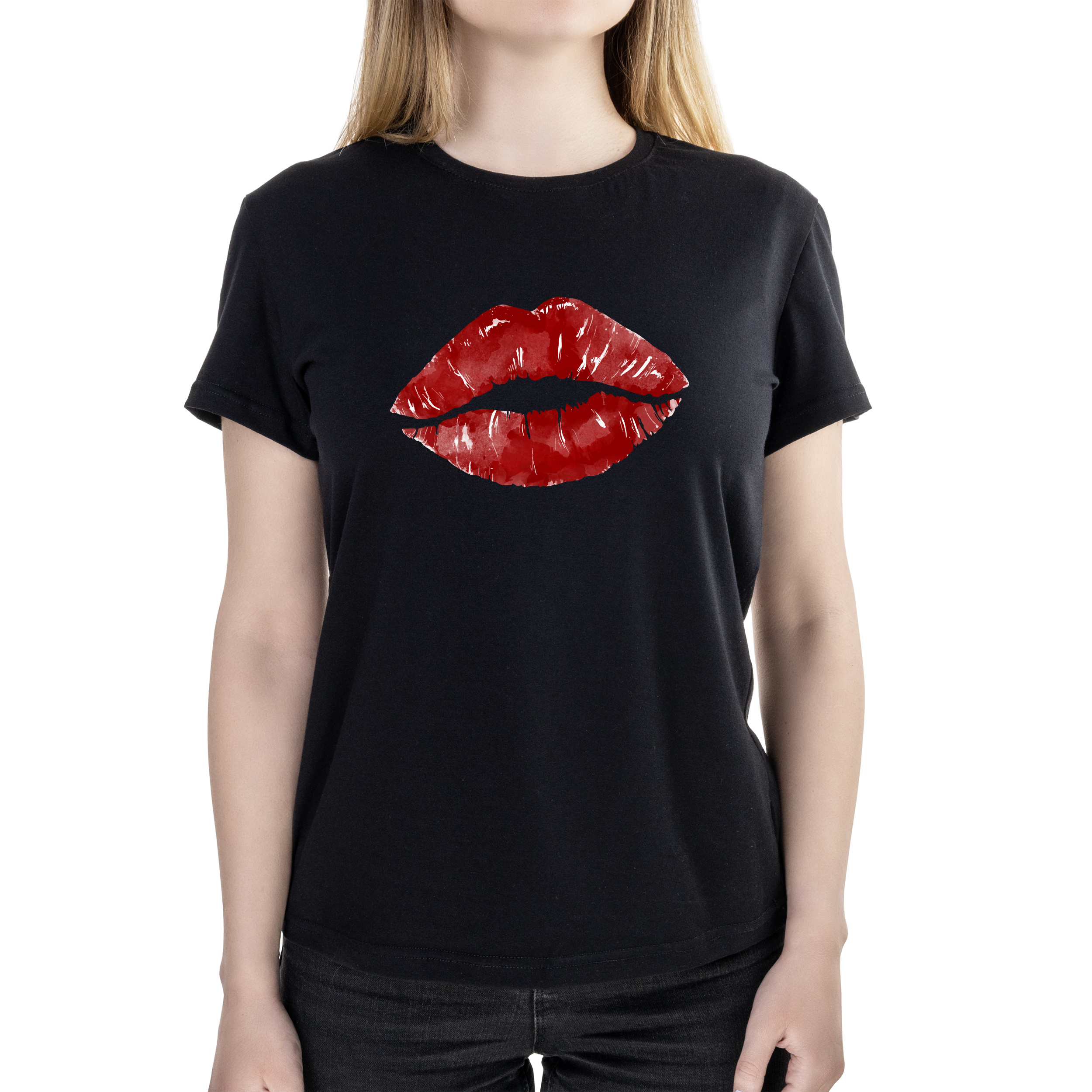 Футболка жіноча напівприталена чорна бавовна / еластан А4 розміру Lips L - фото 1 - Футболки