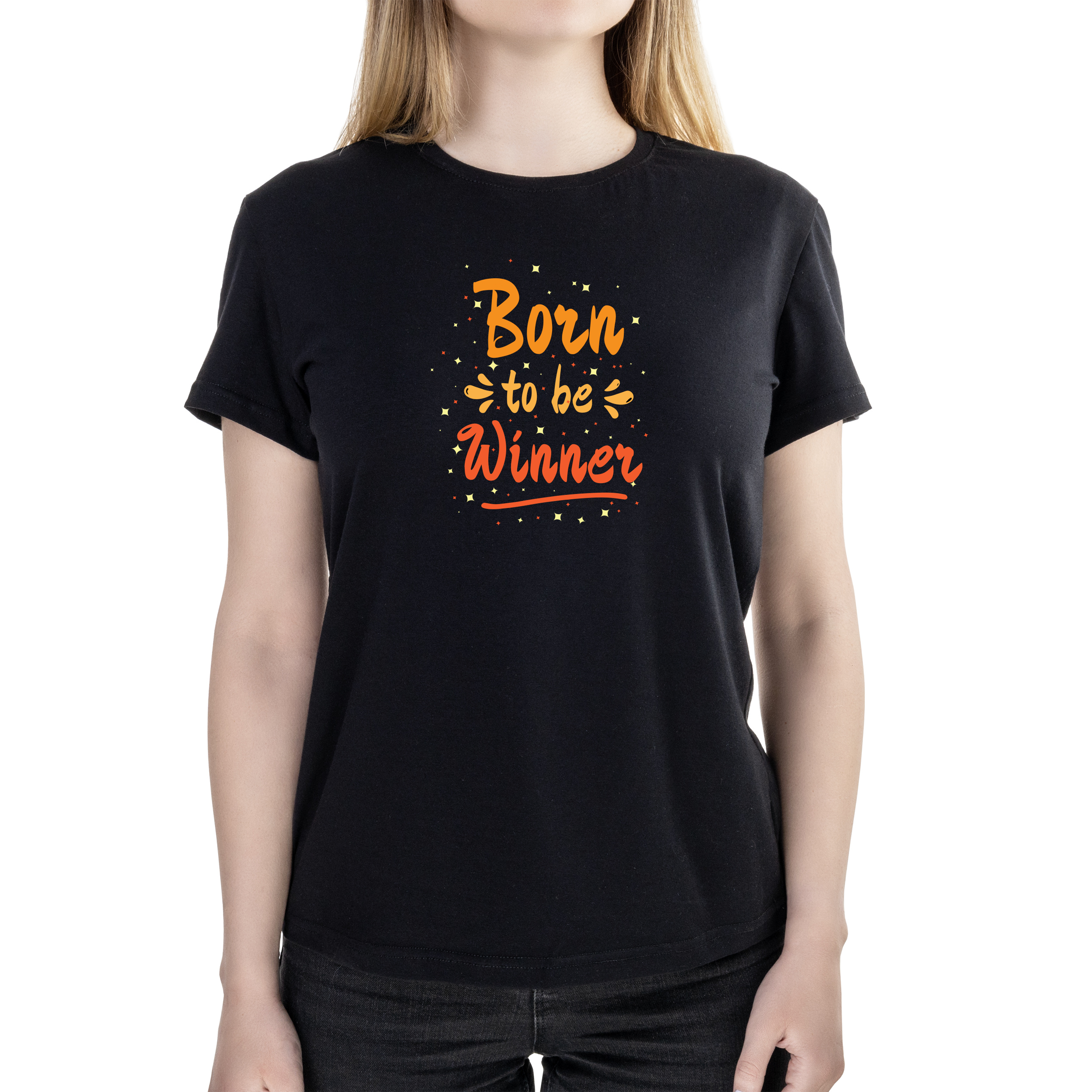 Футболка женская полуприталённая черная хлопок/эластан А4 размера Born to be winner M - фото 1 - Футболки