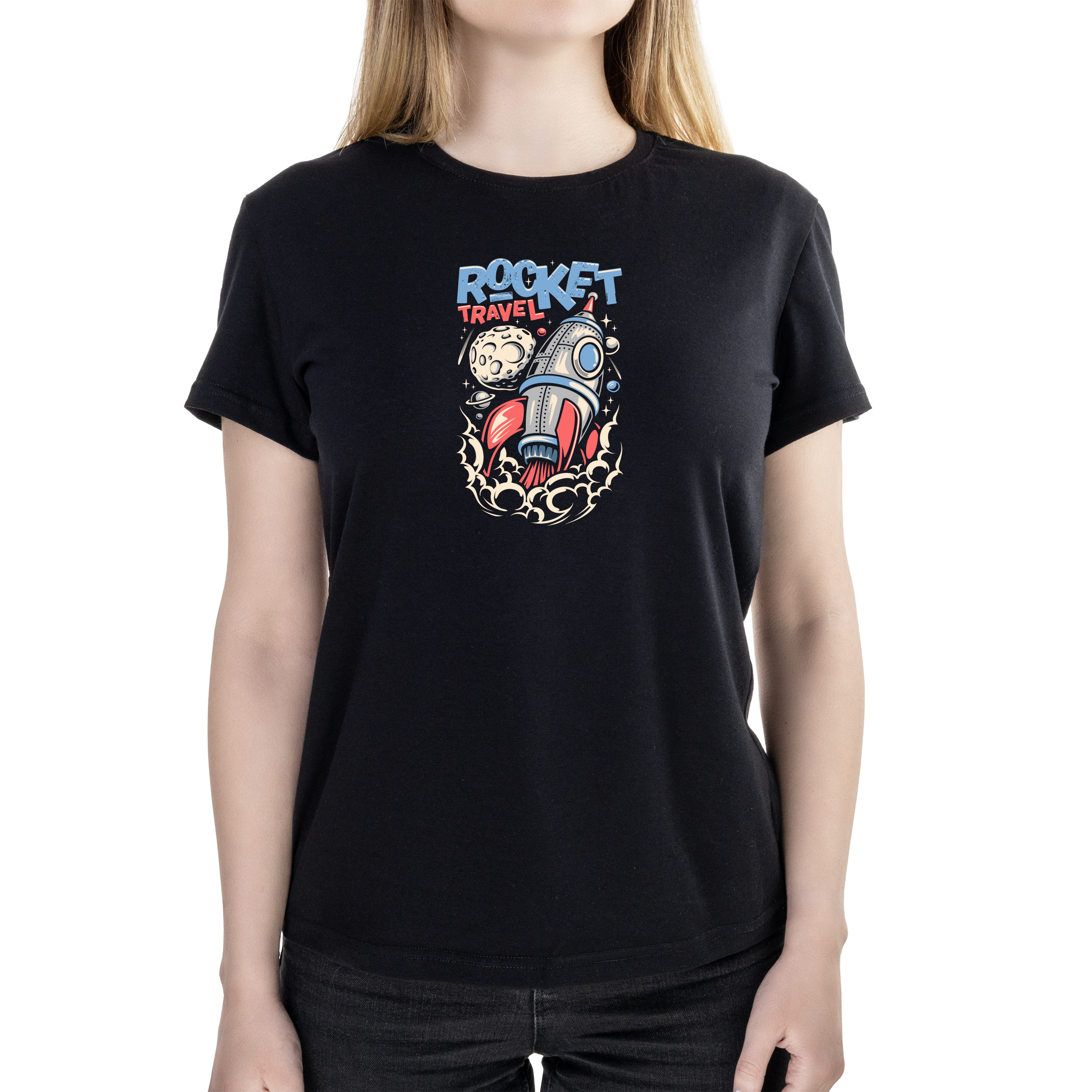 Футболка женская полуприталённая черная хлопок/эластан А4 размера Rocket travel L - фото 1 - Футболки
