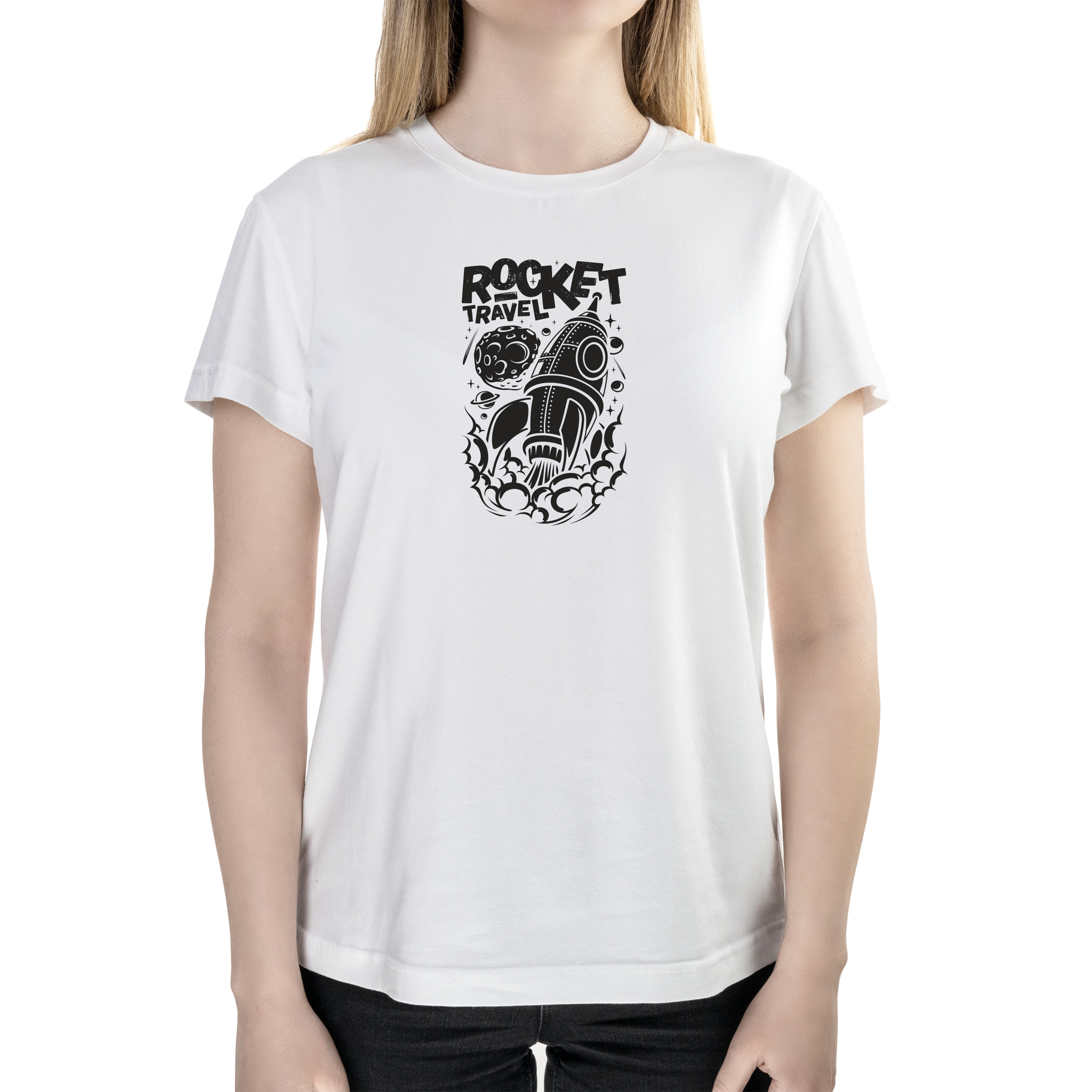 Футболка женская полуприталённая белая хлопок/эластан А4 размера Black rocket travel L - фото 1 - Футболки