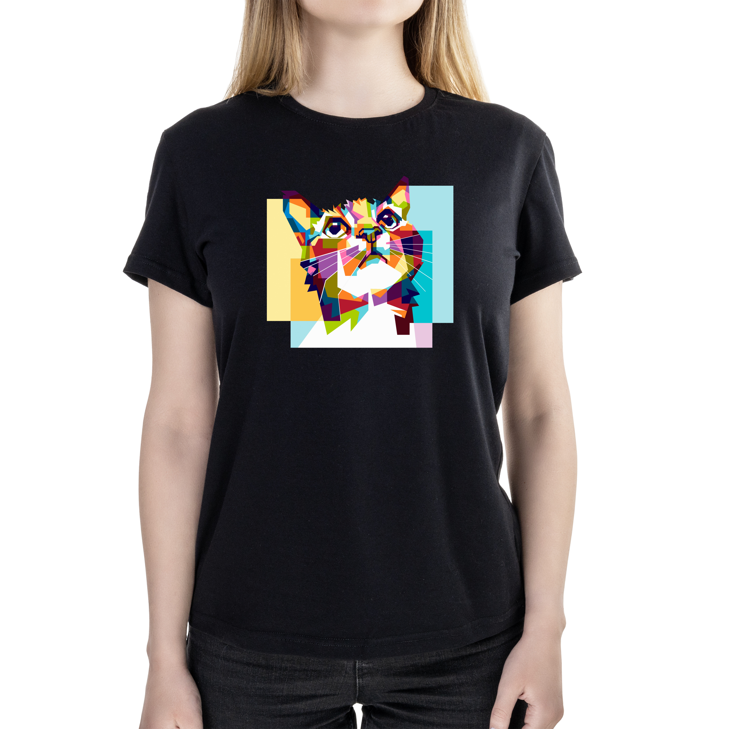 Футболка жіноча напівприталена чорна бавовна / еластан А4 розміру Abstract cat XL - фото 1 - Футболки