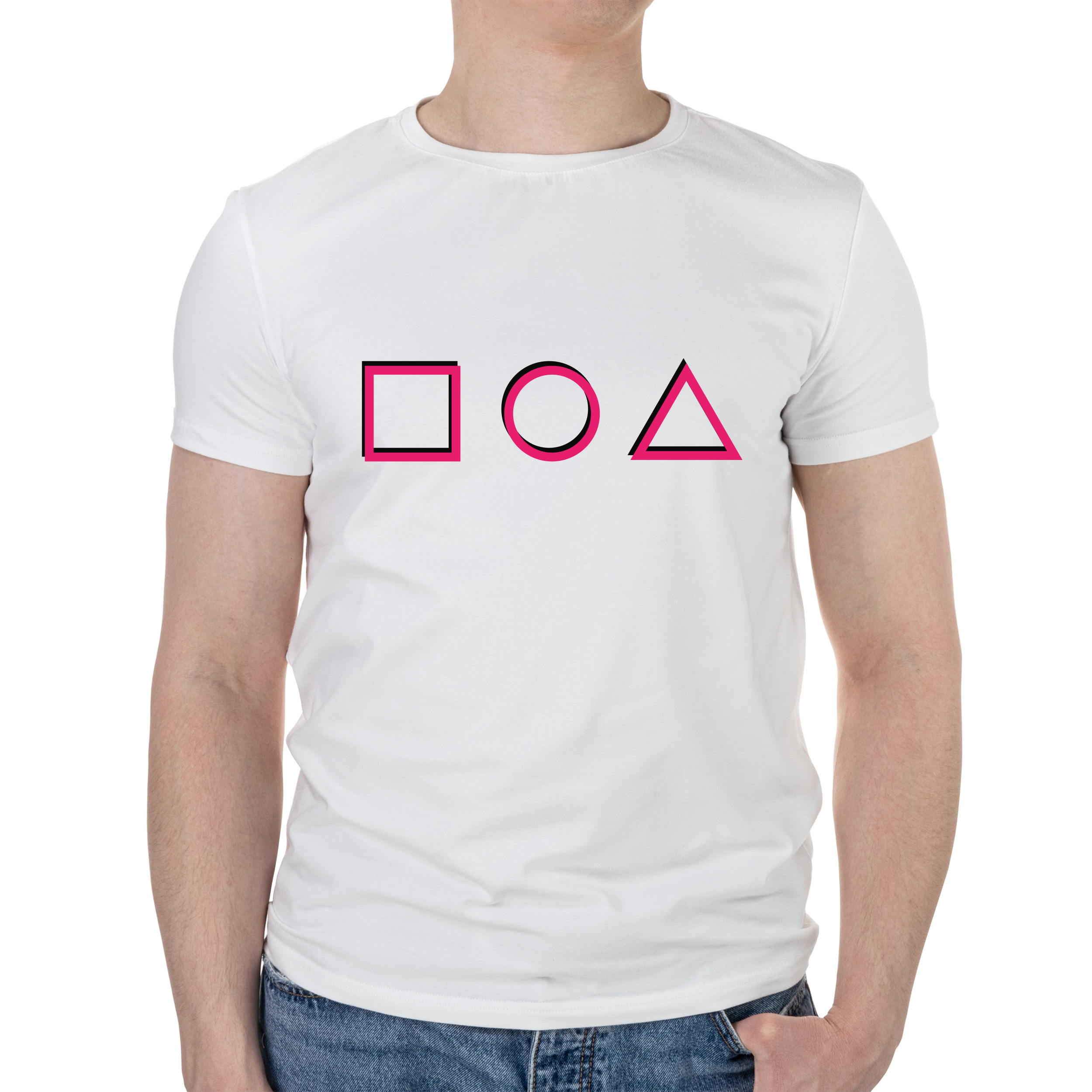 Футболка чоловіча біла бавовна/еластан А4 розміру Squid game S - фото 1 - Футболки