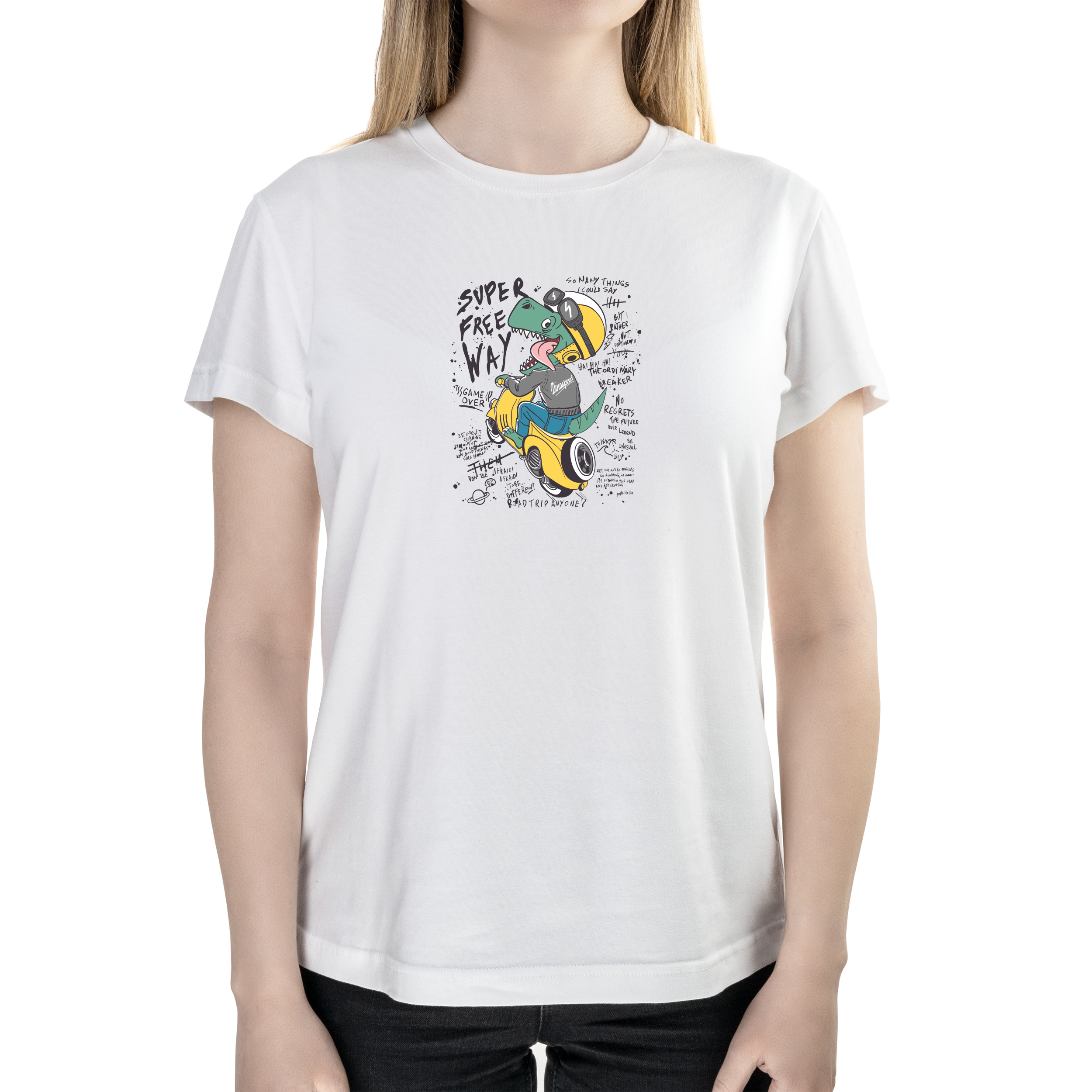 Футболка женская полуприталённая белая хлопок/эластан А4 размера Dinosaur on a motorcycle black text XS - фото 1 - Футболки