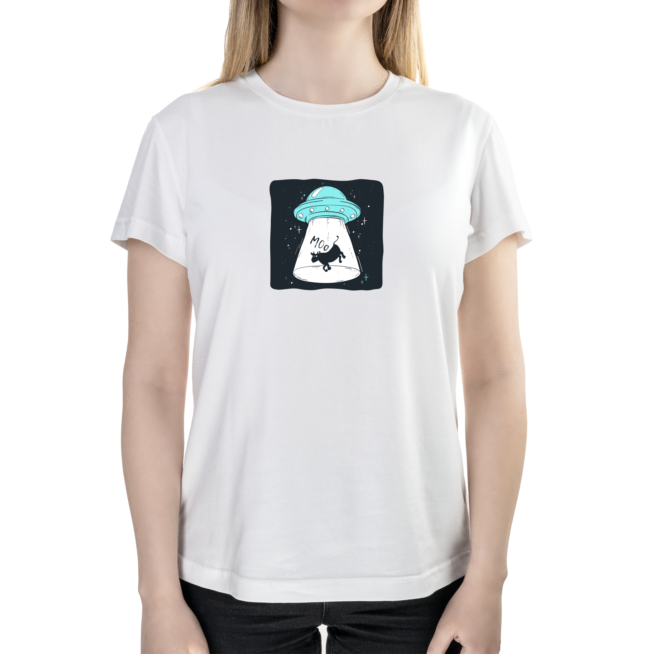 Футболка женская полуприталённая белая хлопок/эластан А4 размера Alien ship S - фото 1 - Футболки