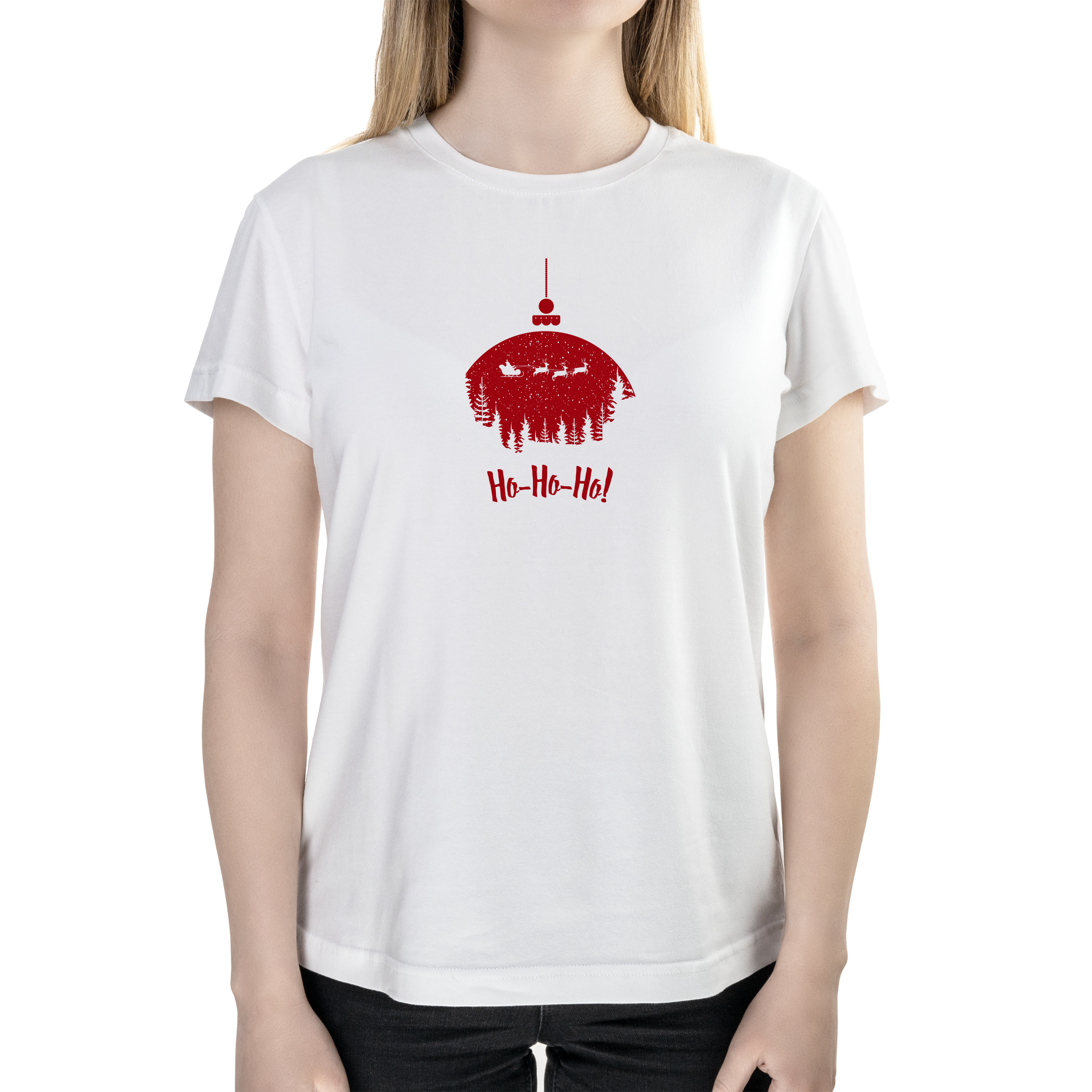 Футболка женская полуприталённая белая хлопок/эластан А4 размера Santa is coming L - фото 1 - Футболки