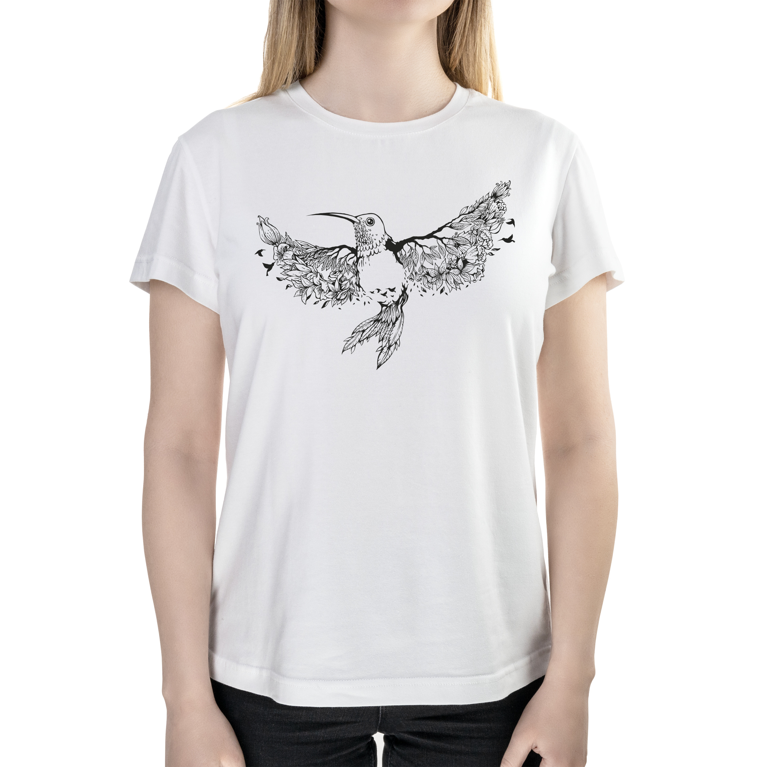 Футболка жіноча напівприталена біла бавовна/еластан А4 розміру Dark hummingbird XS - фото 1 - Футболки