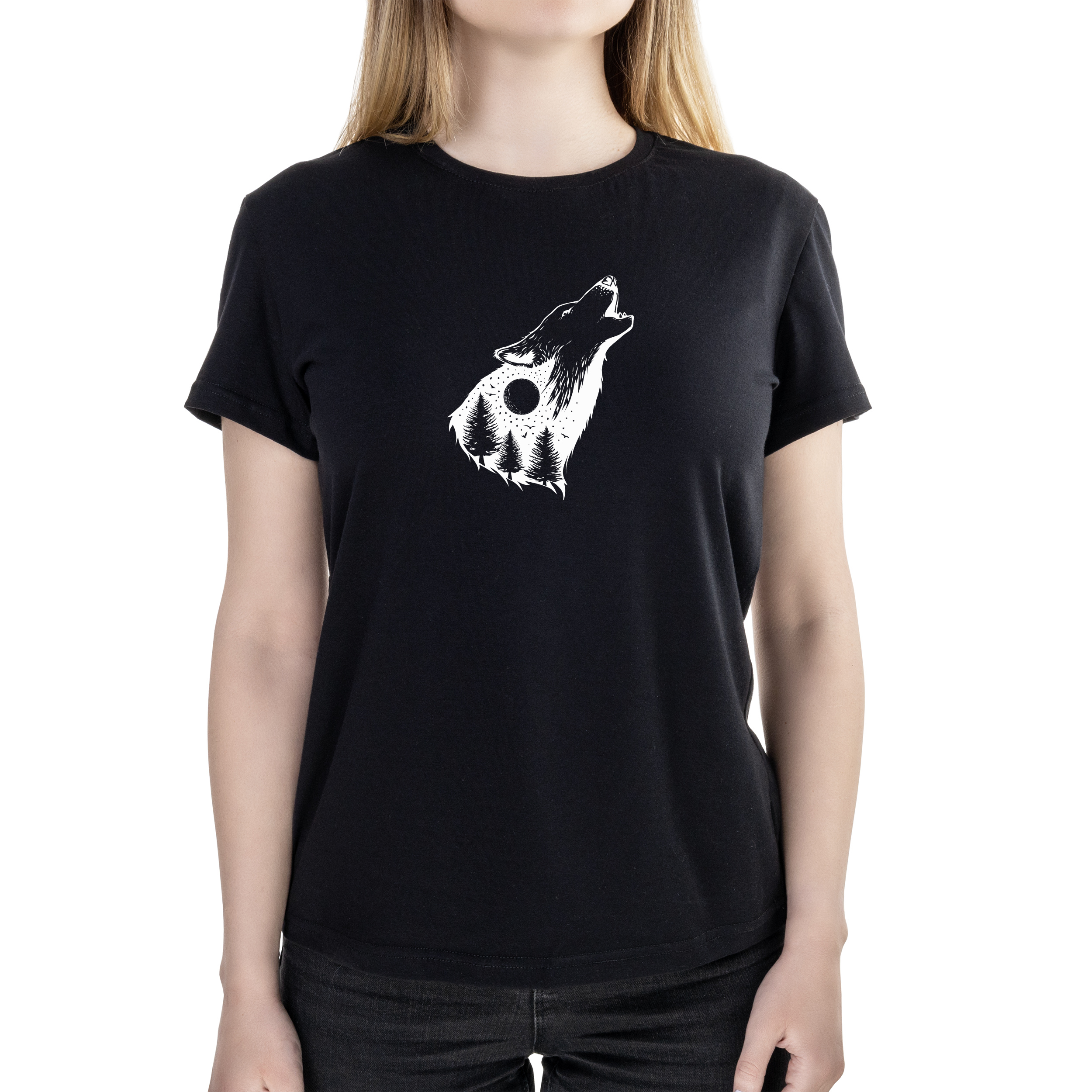 Футболка женская полуприталённая черная хлопок/эластан А4 размера White night wolf L - фото 1 Футболка женская полуприталённая черная хлопок/эластан А4 размера White night wolf L - фото 1 - Футболки