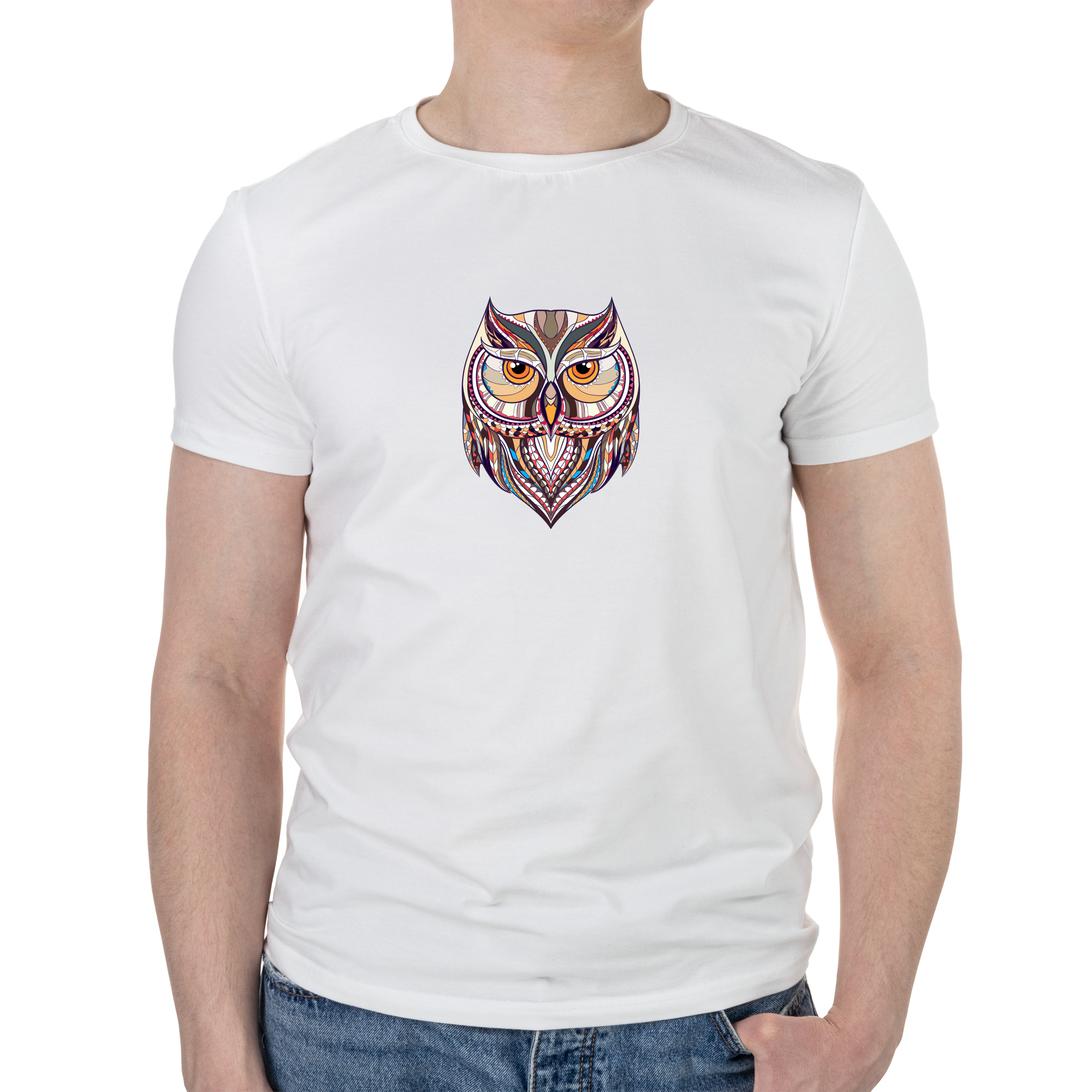 Футболка мужская белая хлопок/эластан А4 размера Brown owl L - фото 1 - Футболки