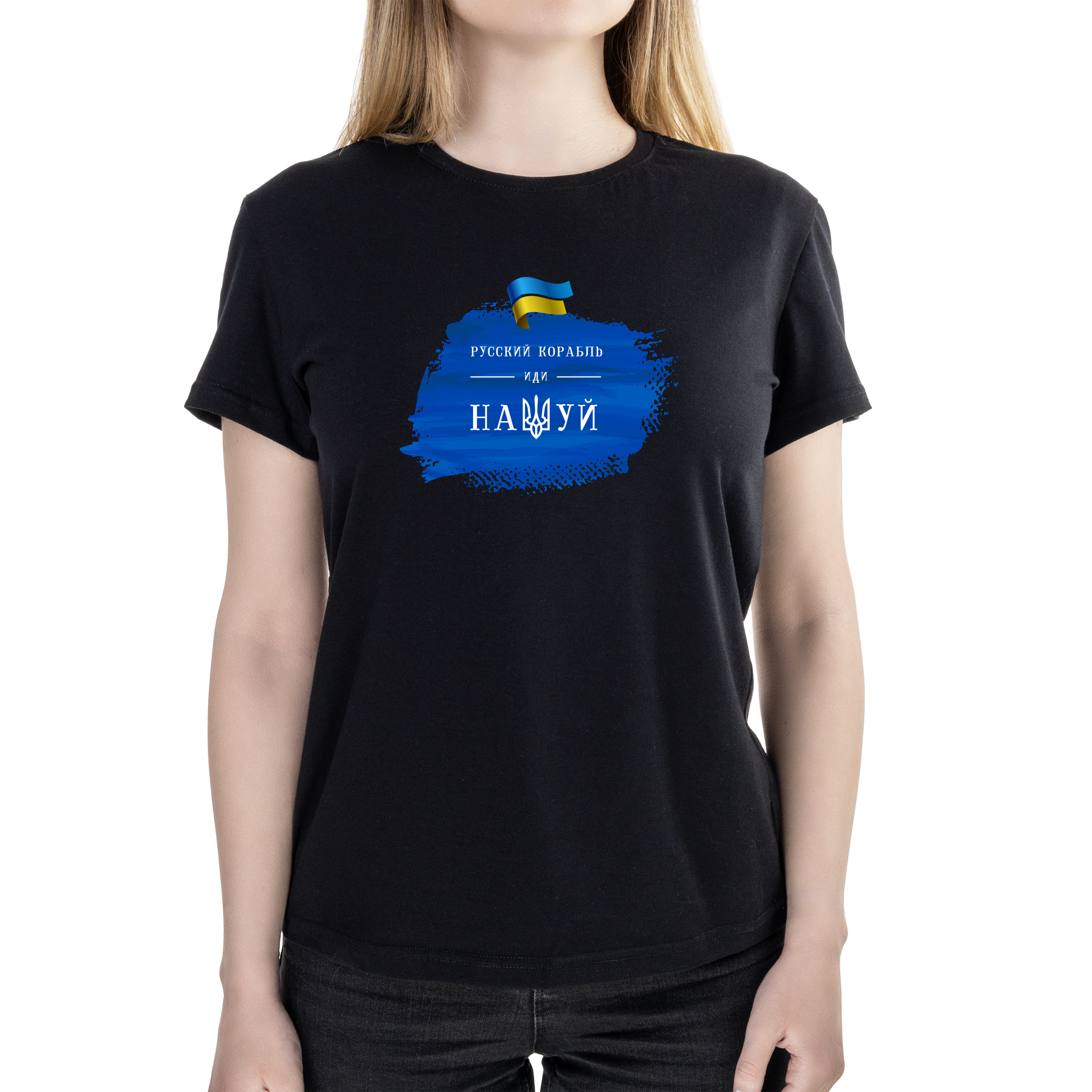 Футболка женская полуприталённая черная хлопок/эластан А4 размера Русский Корабль S - фото 1 - Футболки