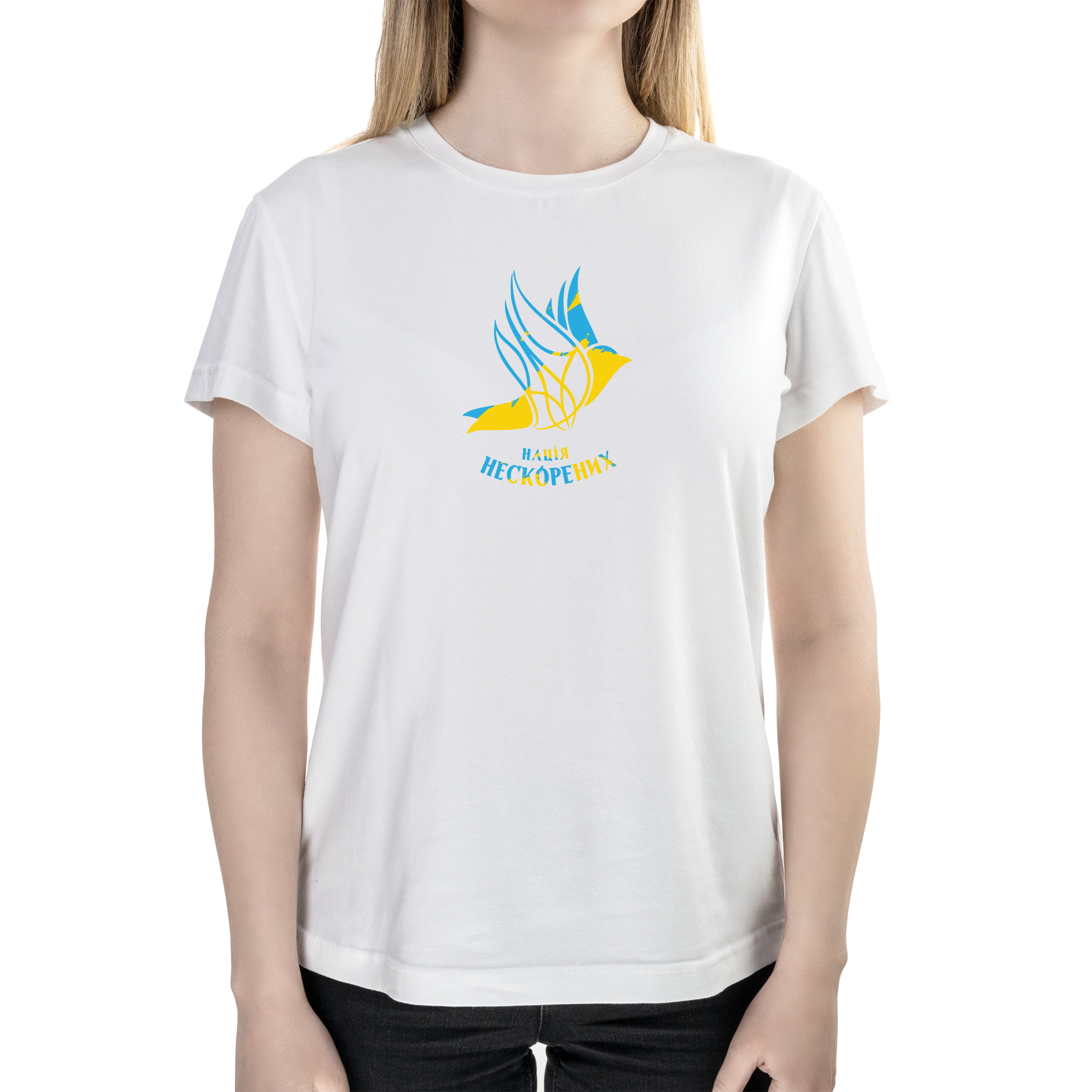 Футболка женская полуприталённая белая хлопок/эластан А4 размера Нація Нескорених XS - фото 1 - Футболки