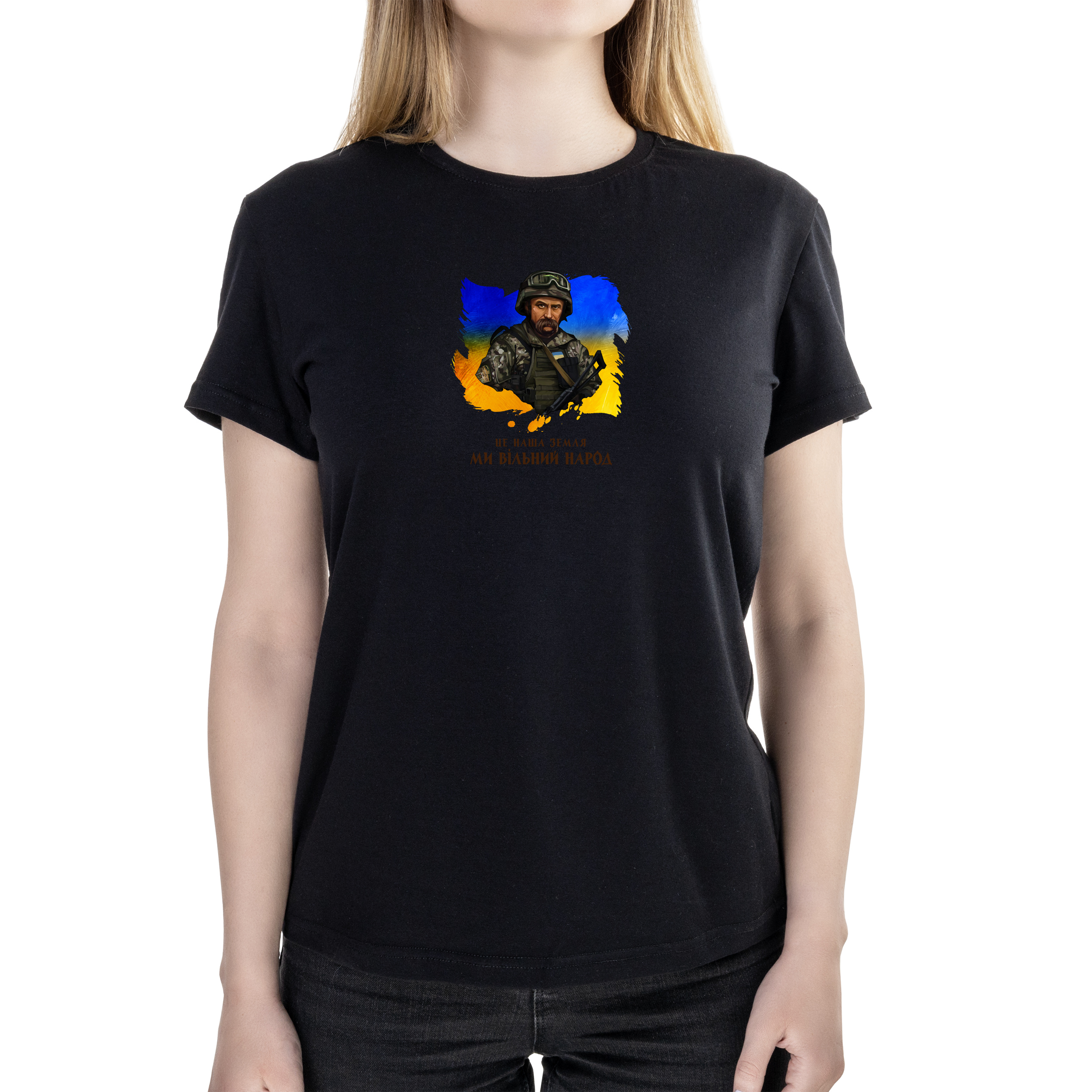 Футболка женская полуприталённая черная хлопок/эластан А4 размера Вільний народ M - фото 1 - Футболки