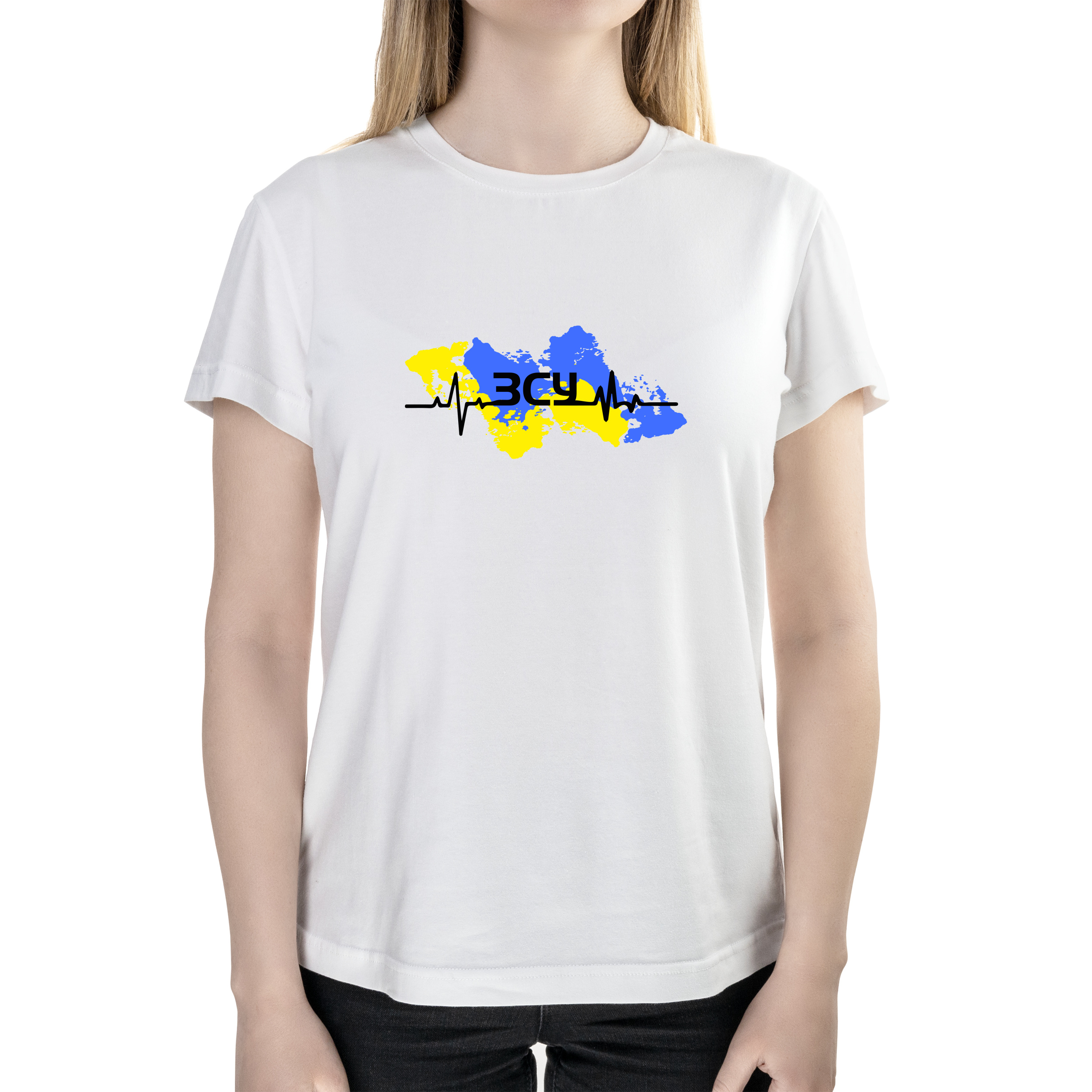 Футболка женская полуприталённая белая хлопок/эластан А4 размера В ритмі ЗСУ L - фото 1 - Футболки