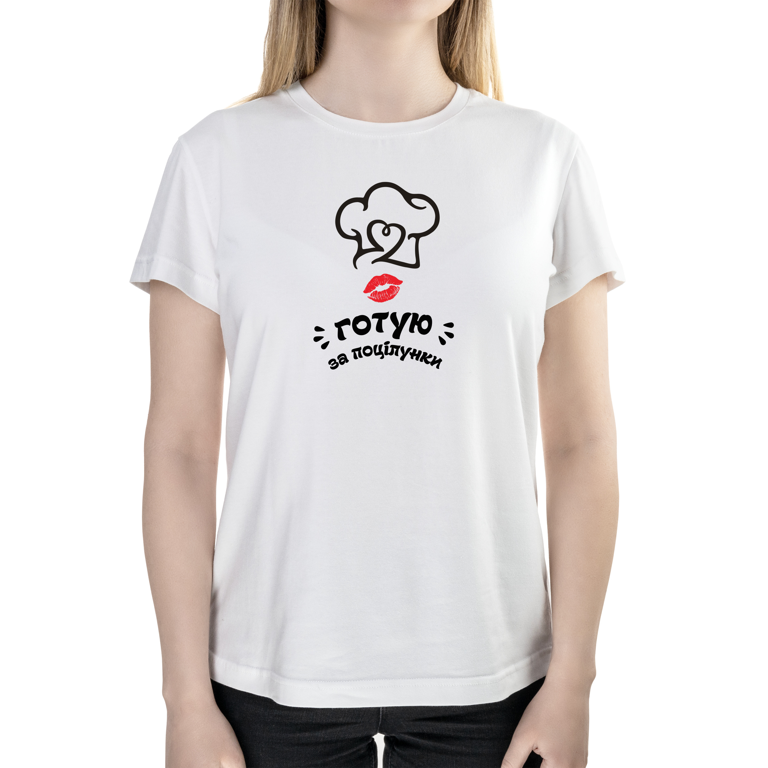 Футболка жіноча напівприталена біла бавовна/еластан А4 розміру Готую за поцілунки L - фото 1 - Футболки