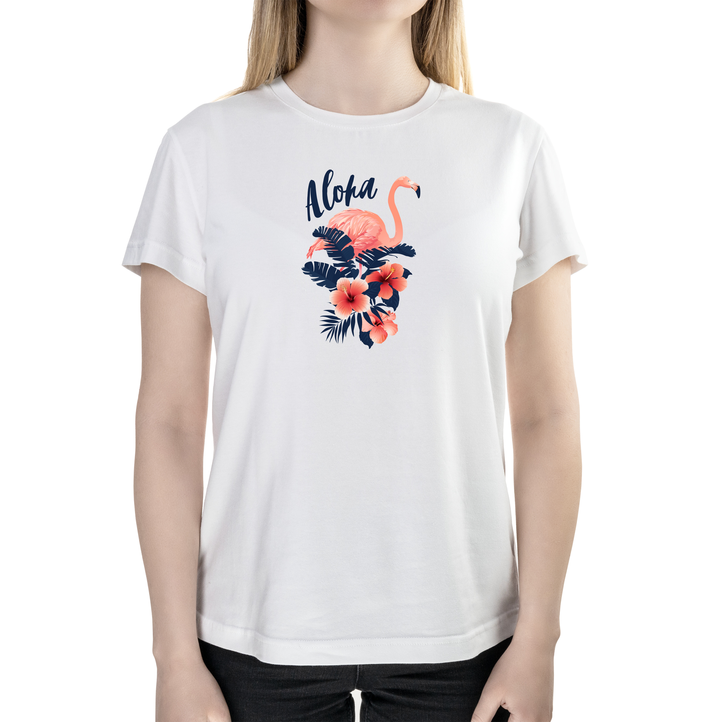 Футболка женская полуприталённая белая хлопок/эластан А4 размера Aloha Flamingo XXL - фото 1 - Футболки