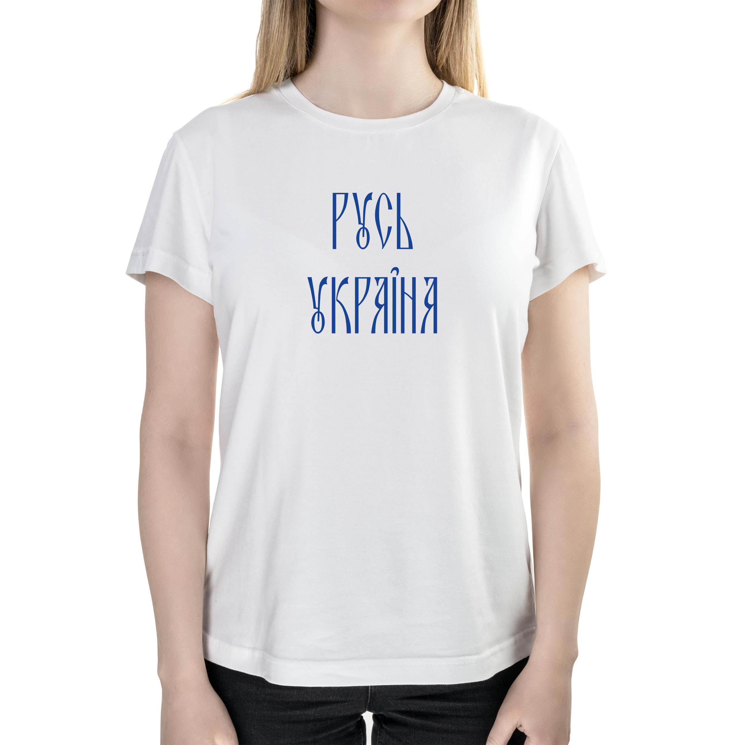 Футболка женская полуприталённая белая хлопок/эластан А4 размера Русь Україна XS - фото 1 - Футболки