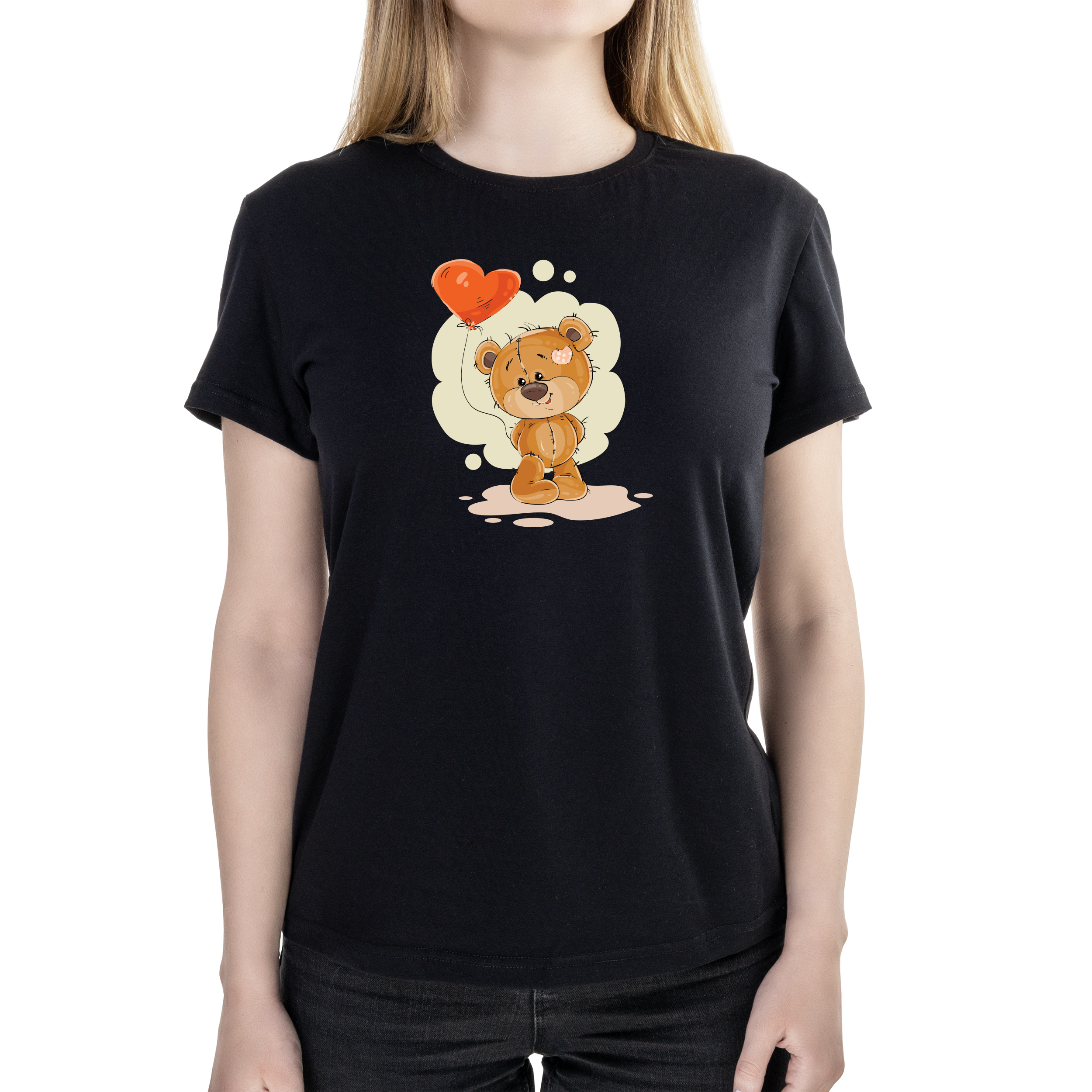 Футболка жіноча напівприталена чорна бавовна / еластан А4 розміру Bear with balloon XXXL - фото 1 - Футболки