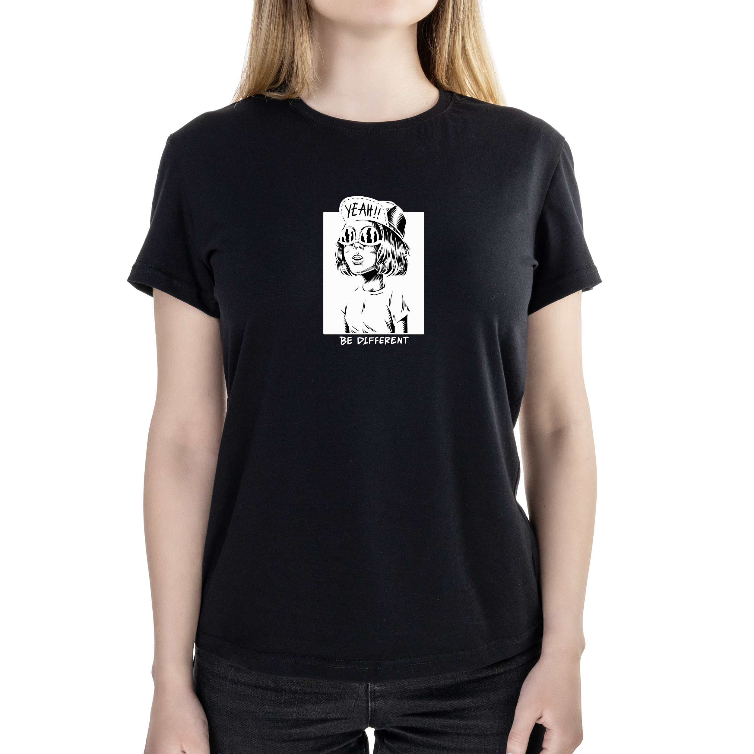 Футболка жіноча напівприталена чорна бавовна / еластан А4 розміру light Yeah!  Be different XXL - фото 1 - Футболки