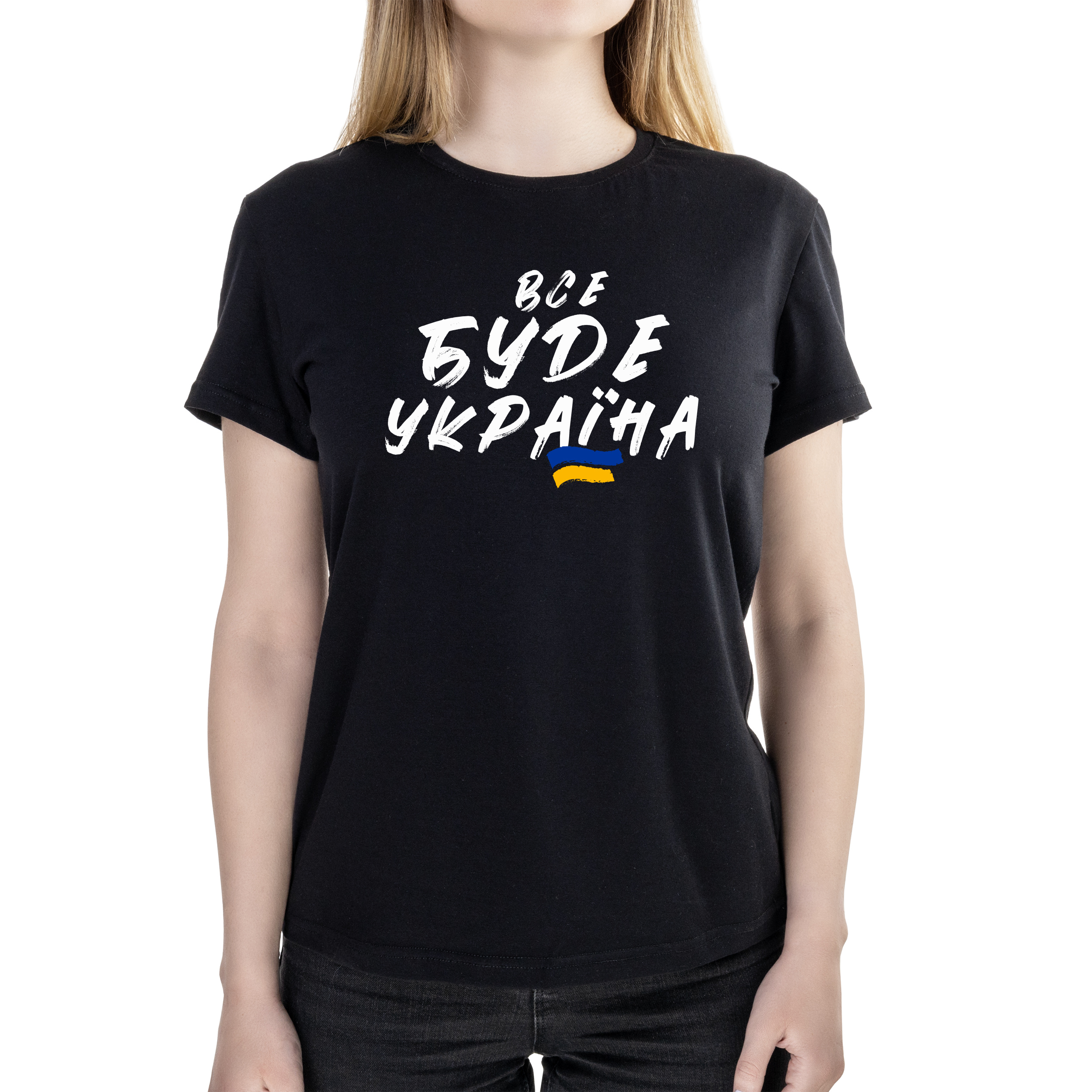 Футболка женская полуприталённая черная хлопок/эластан А4 размера Україна все буде XL - фото 1 - Футболки