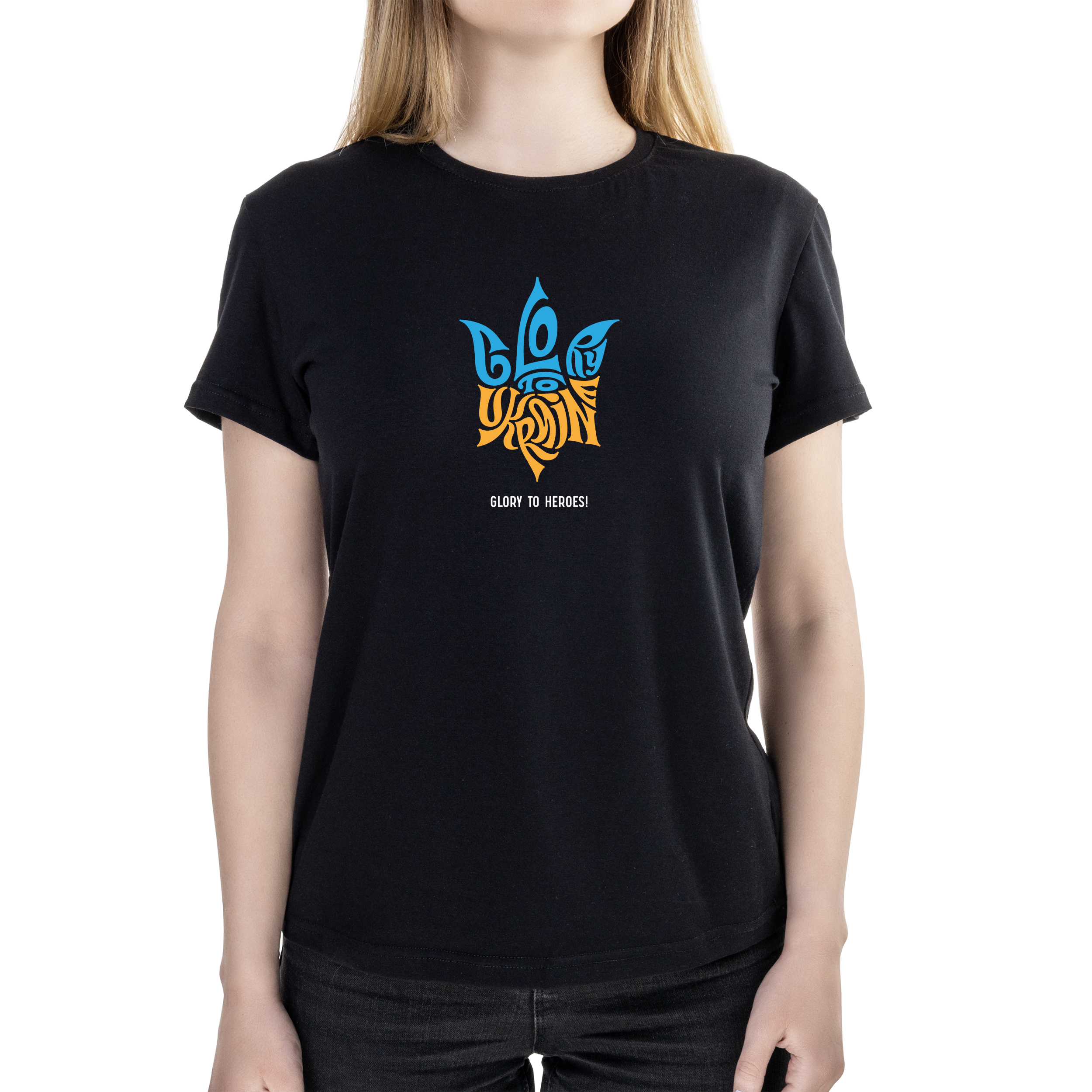 Футболка жіноча напівприталена чорна бавовна / еластан А4 розміру Glory to Ukraine XXXL - фото 1 - Футболки