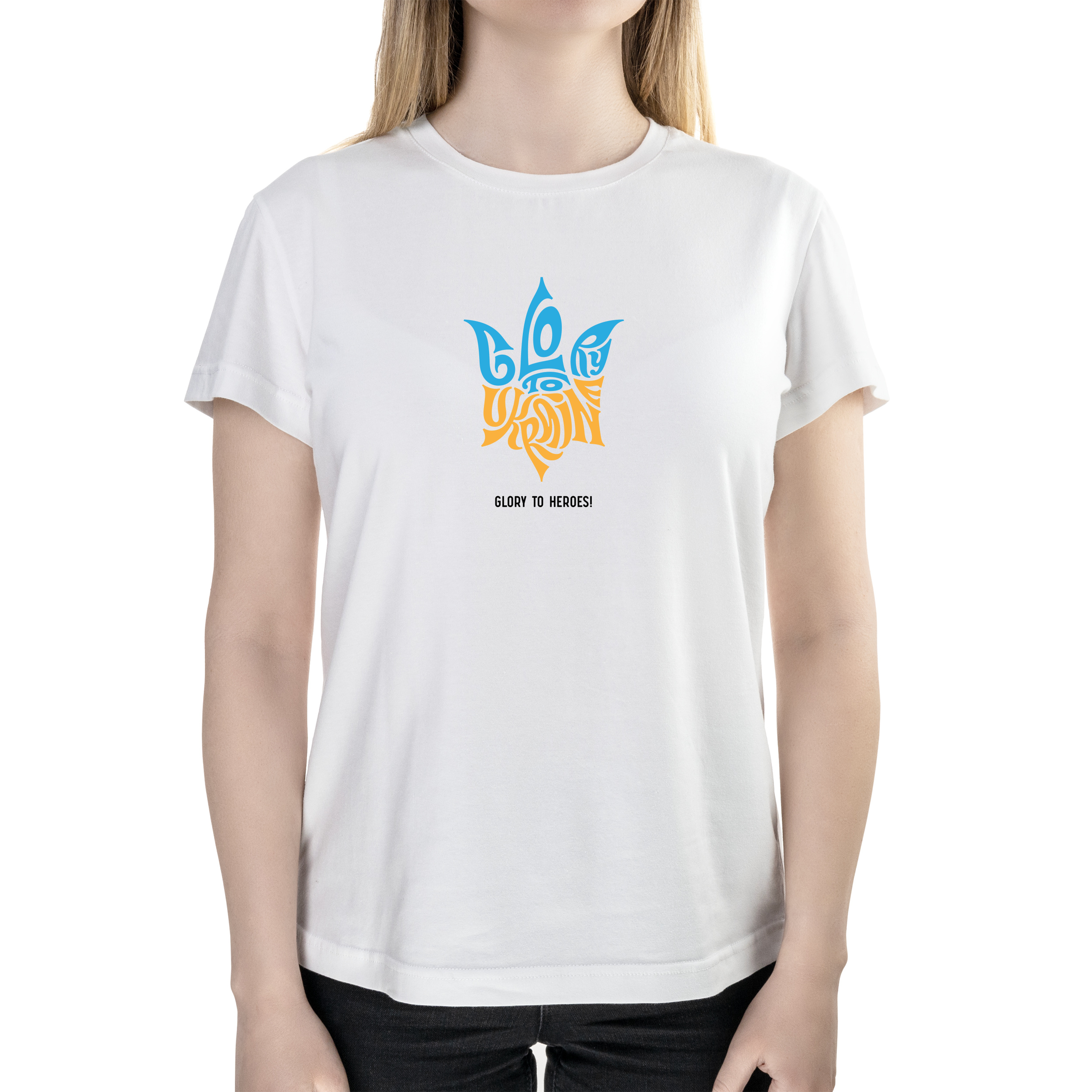 Футболка женская полуприталённая белая хлопок/эластан А4 размера Glory to Ukraine XXXL - фото 1 Футболка женская полуприталённая белая хлопок/эластан А4 размера Glory to Ukraine XXXL - фото 1 - Футболки