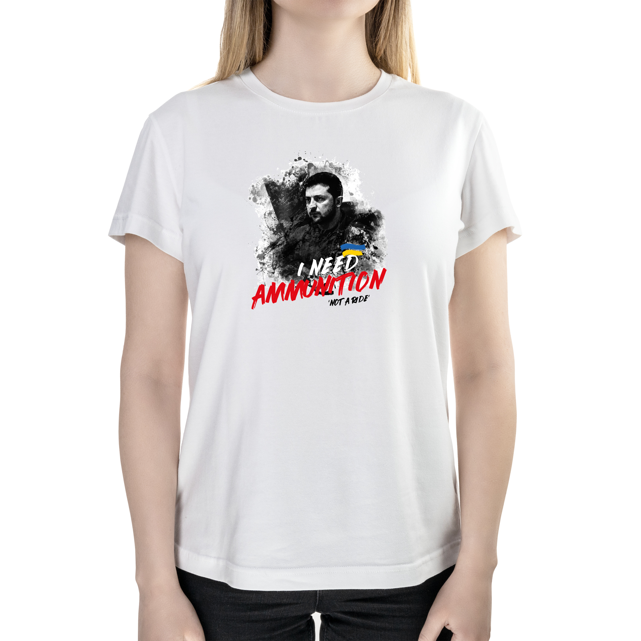 Футболка женская полуприталённая белая хлопок/эластан А4 размера I need ammunition ‘not a ride’ M - фото 1 - Футболки