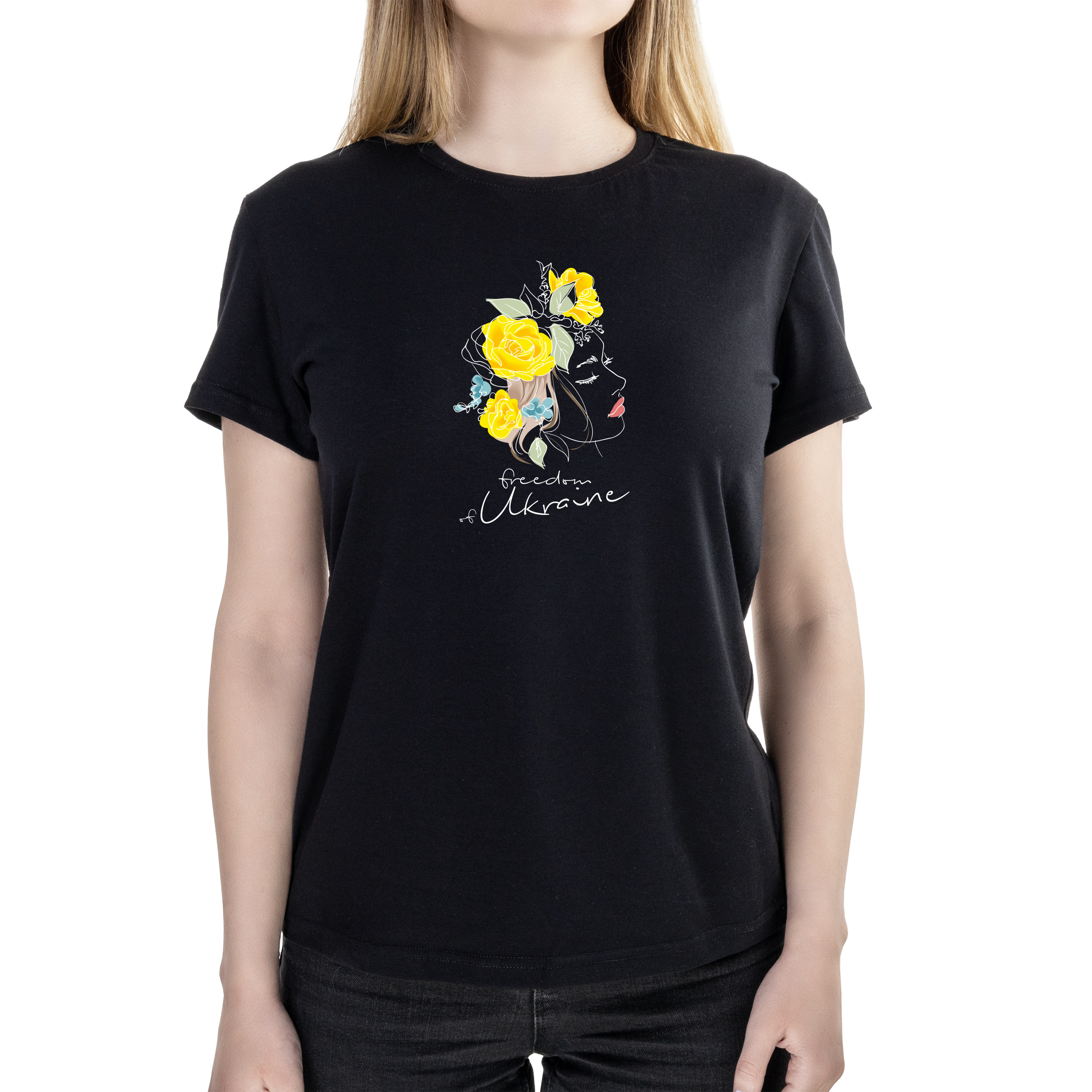 Футболка женская полуприталённая черная хлопок/эластан А4 размера Freedom of Ukraine XS - фото 1 - Футболки